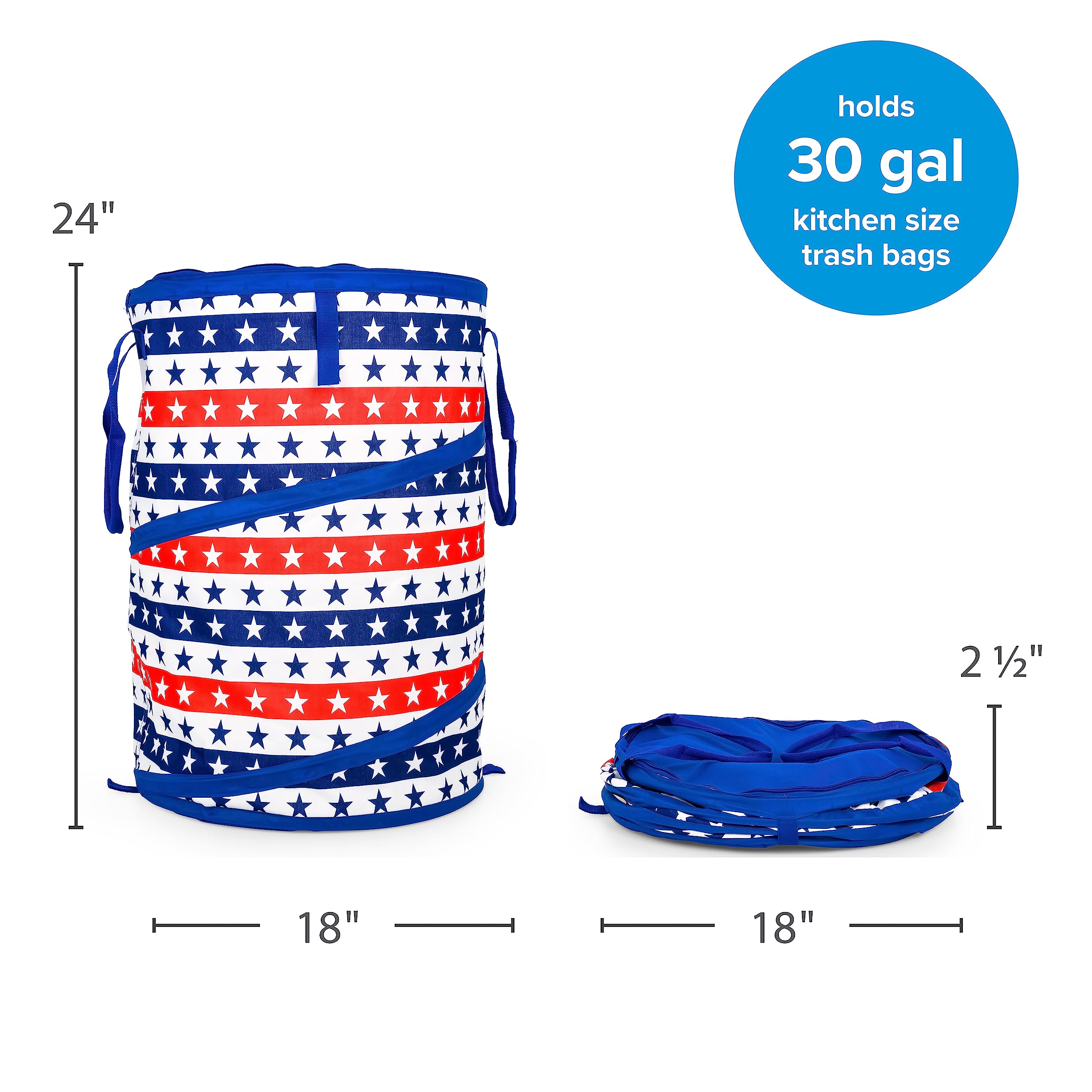 Camco RV Pop-Up Utility Container Life is Better at The Campsite - Features Red, White, and Blue Patriotic Theme & Holds 30-Gal. Kitchen-Size Trash Bags - Includes Heavy-Duty Stake (51993)