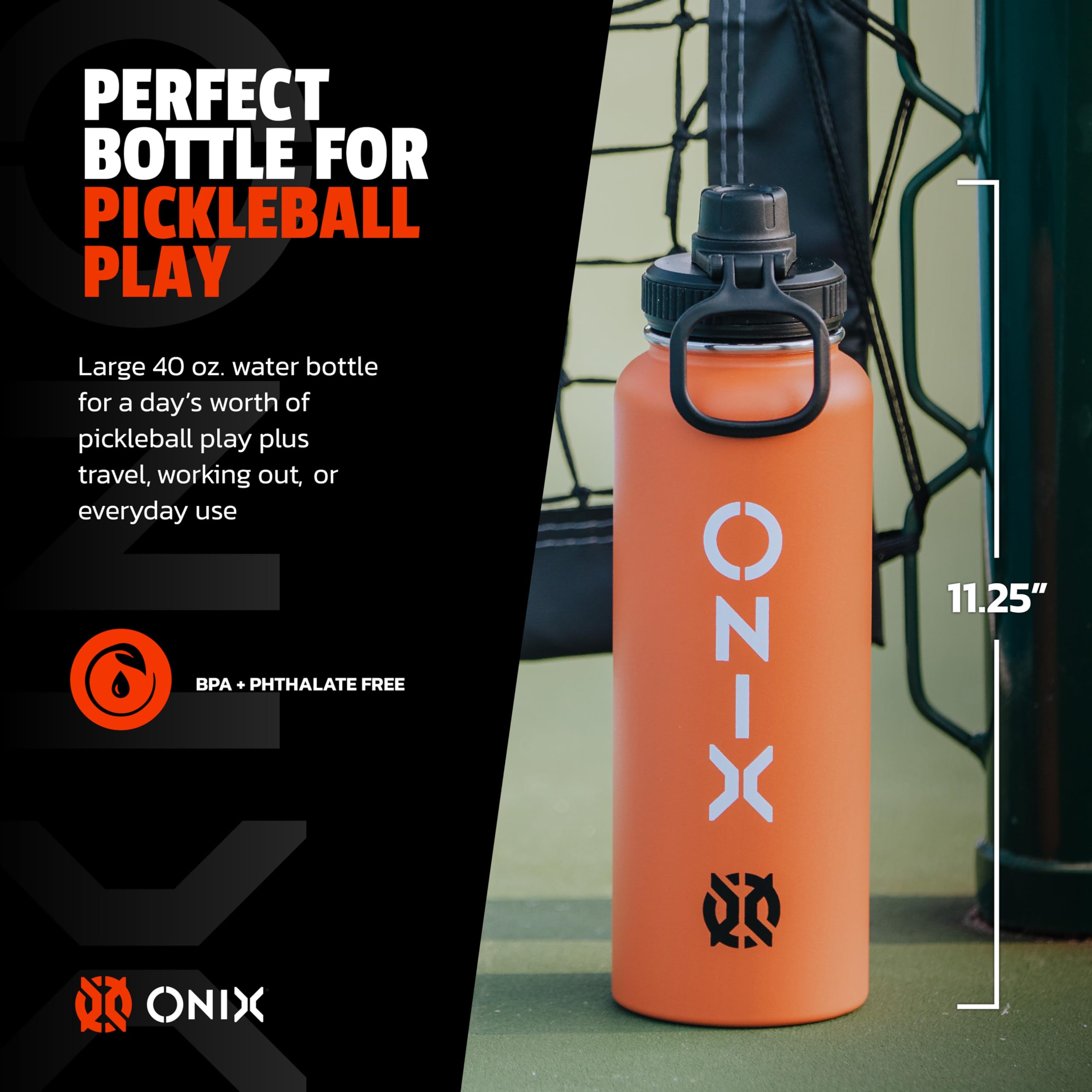Stainless Steel ONIX Pickleball Accessory Dishwasher Safe Insulated Sweat Proof Double Wall 40 oz. Water Bottle — Orange
