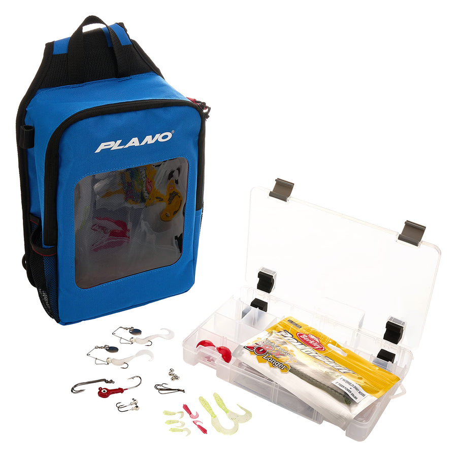 Plano Sling Pack Let’s Fish, Includes Catch More Fish Tackle Kit, Premium Tackle Fishing Bag with Adjustable Shoulder Strap for Left or Right Carry