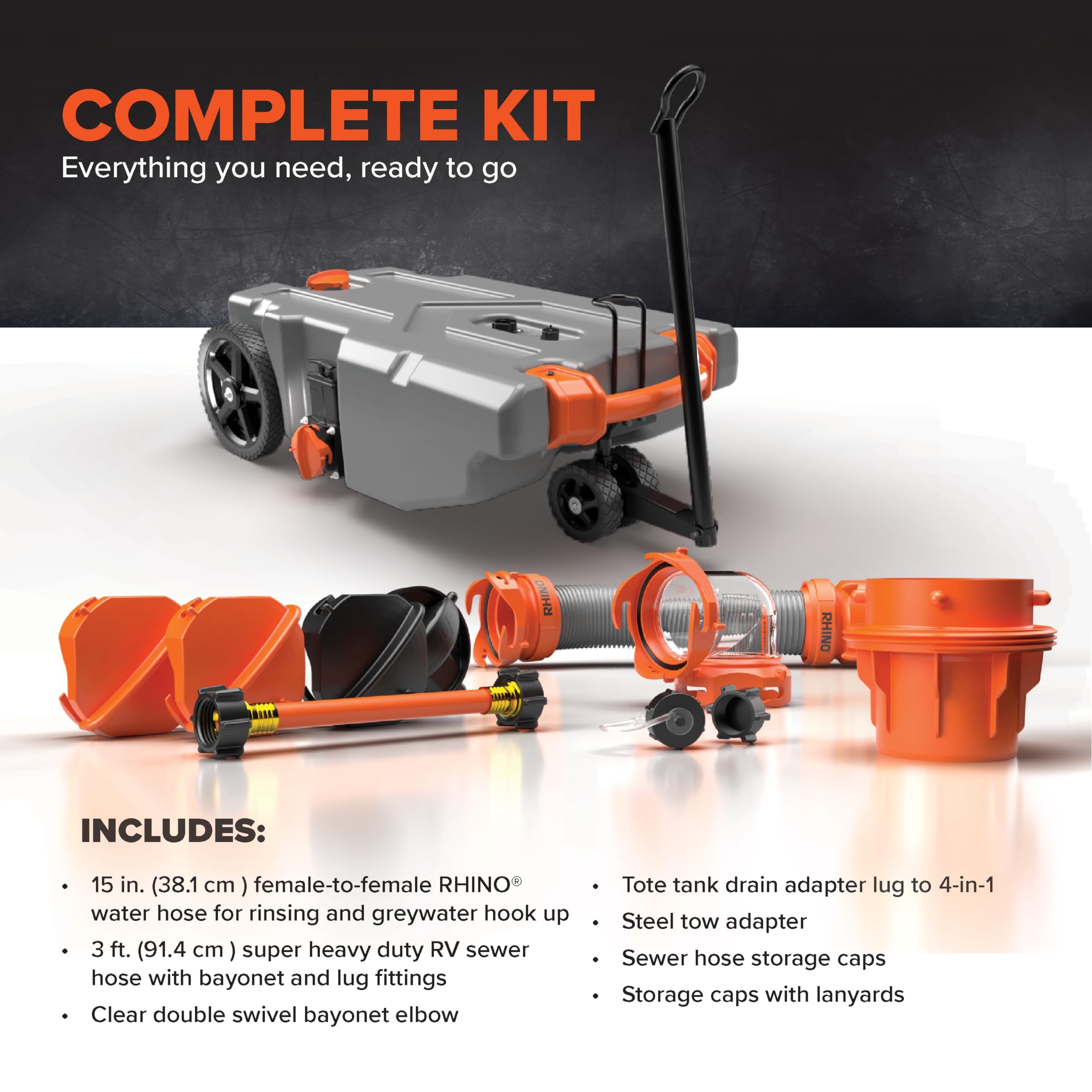 Camco 28-Gallon Rhino Portable RV Tote Tank - Features 2 Steerable No-Flat Front Wheels & Built-in Gate Valve - Includes Removable 24" Tow Bar, 3’ Sewer Hose & More RV Accessories (39005)