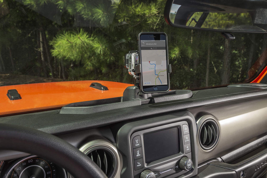 Multi-Mount Rugged Ridge Phone Holder for Jeep Wrangler/Gladiator | Thermoplastic Olefin (TPO), Black | 13551.23 | Fits 2018-2025 Jeep Wrangler JL; 2020-2025 Jeep Gladiator JT