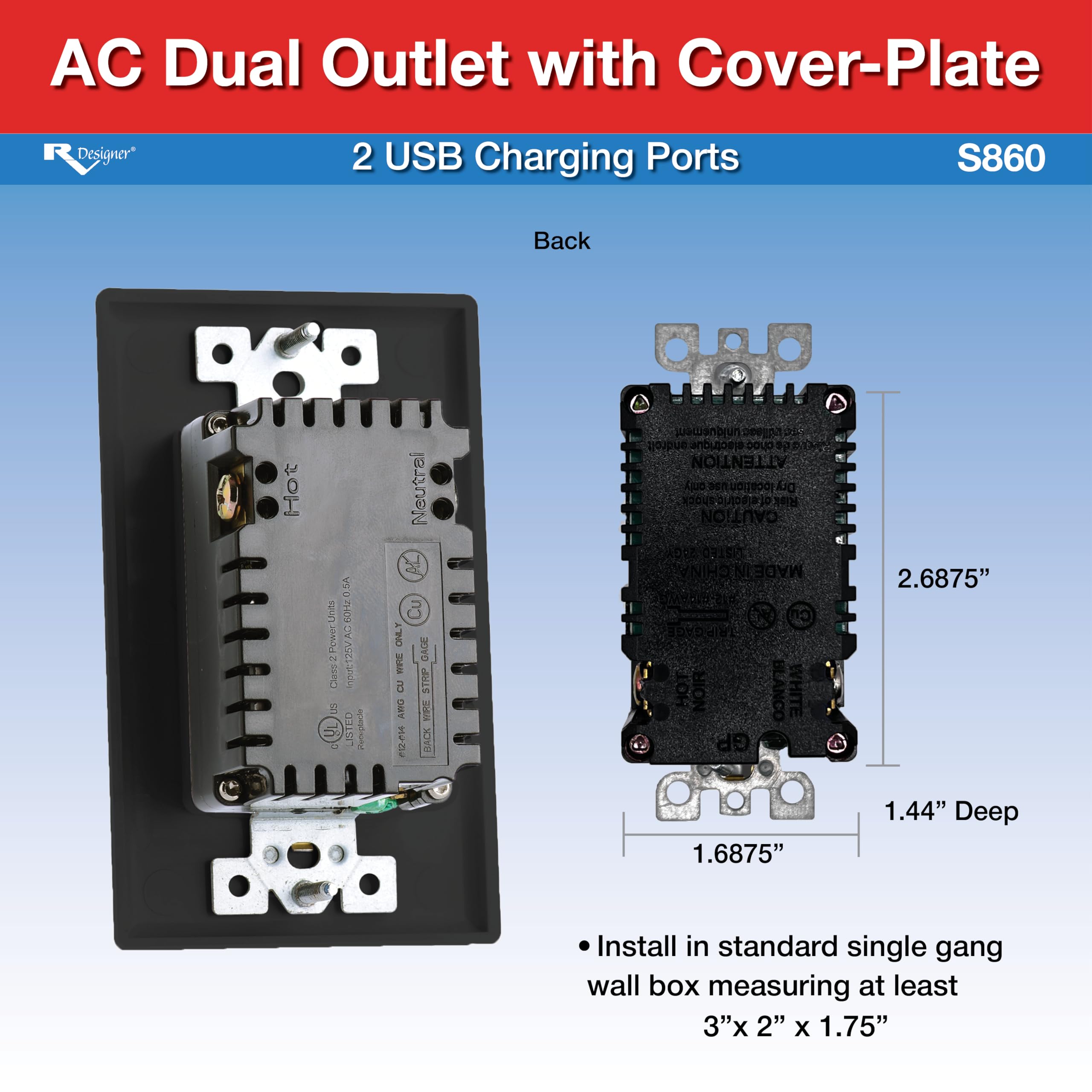 AC Dual Outlet RV Designer S860 with Cover & 2 USB Charge Ports, Black