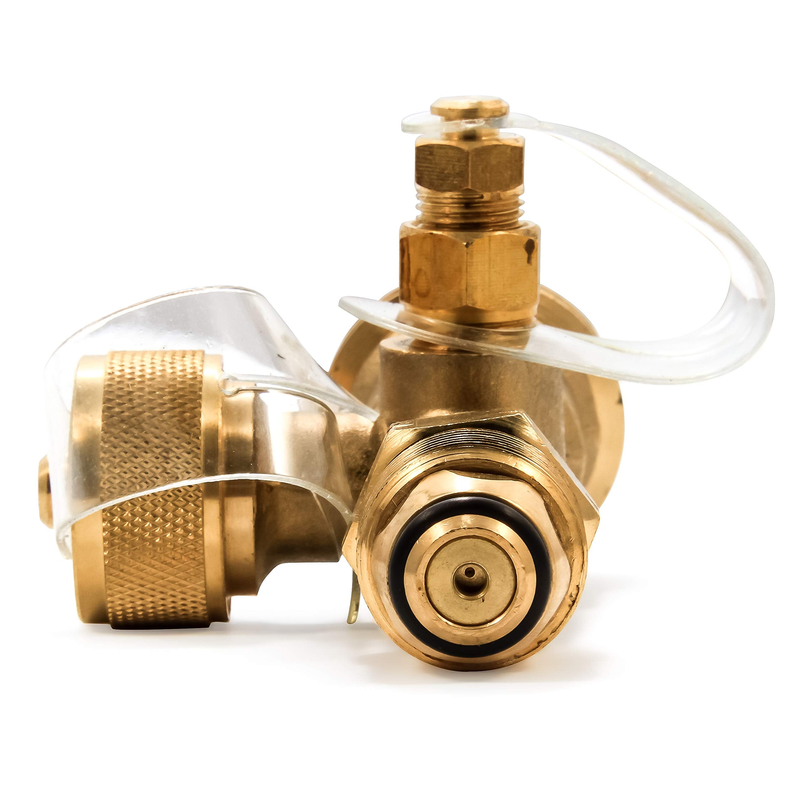 Camco Brass Tee RV Propane – 4-Port Adapter for Motorhomes with Permanent Tank, Acme & POL Threads, Auxiliary Cylinder & Appliance Hookup (59113)