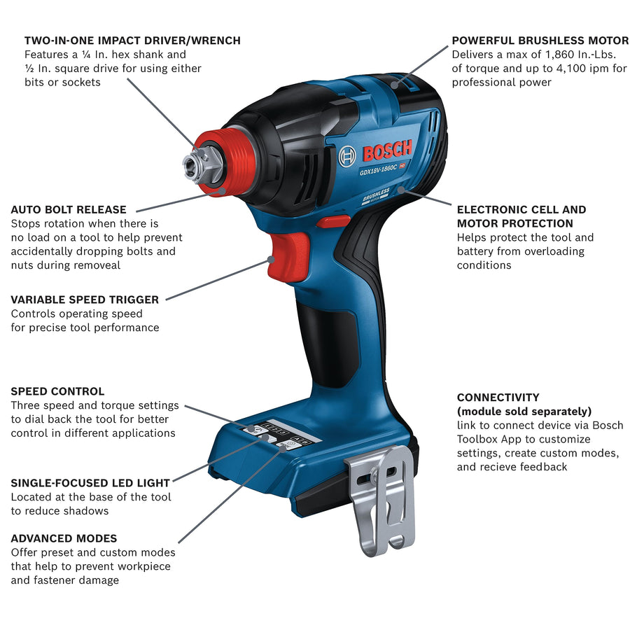 Bosch GDX18V-1860CN 18V Two-In-One Connected-Ready Bit/Socket Impact Driver/Wrench (Bare Tool)