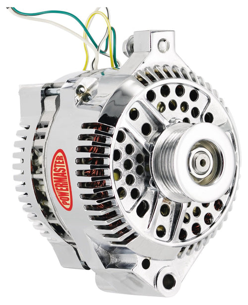 Alt Ford Powermaster 3G Chrome 200A 6 grv & 1V Pulley Large Frame Str MTG Threaded MTG Ear w/Reg Adapter Harness