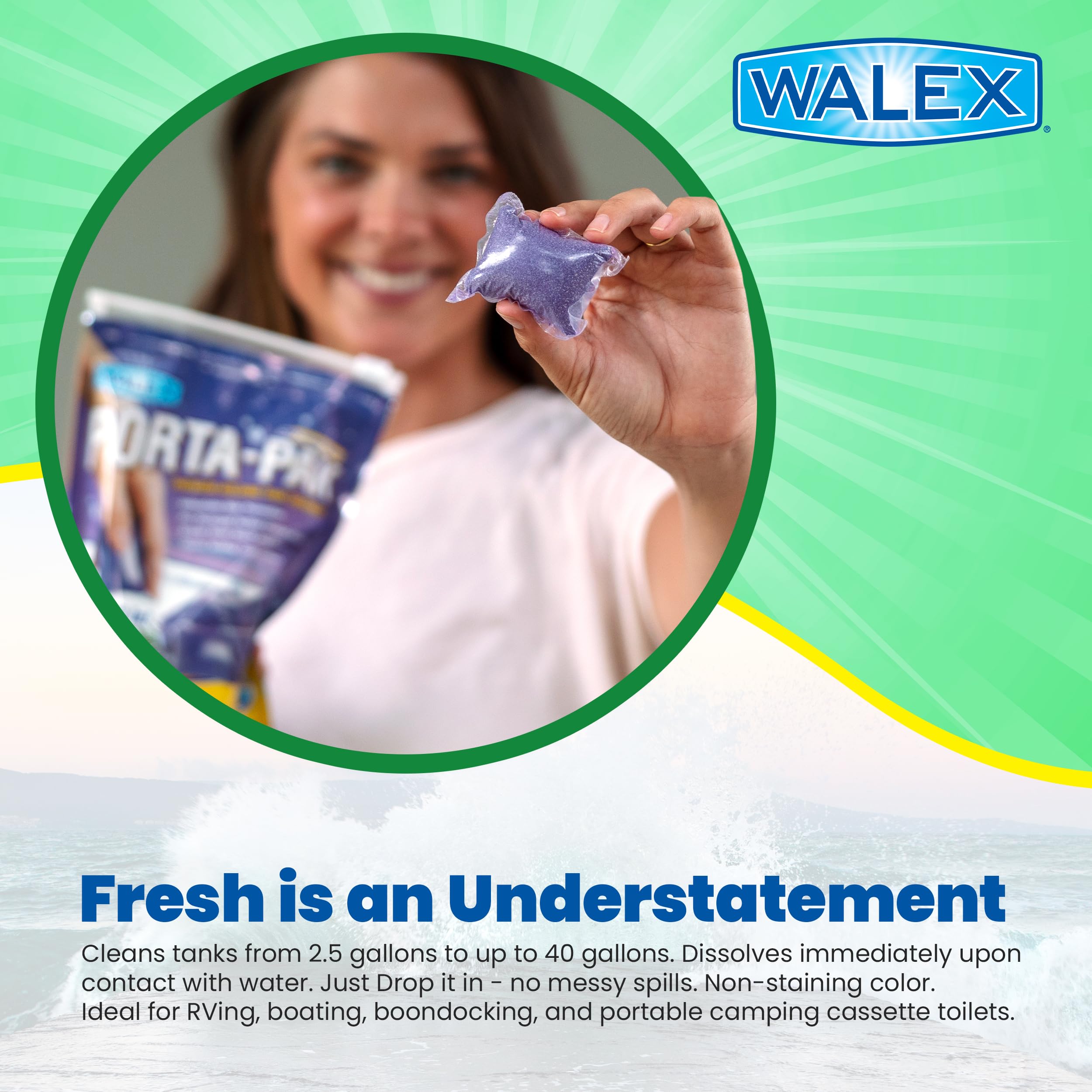 Walex Black Porta-Pak Holding Tank Deodorizer & Portion Control System Drop-Ins - Rapid Breakdown of Waste & Paper, Odor Prevention, Cleans Tank & Sensors - Lavender Breeze, 10-Pack