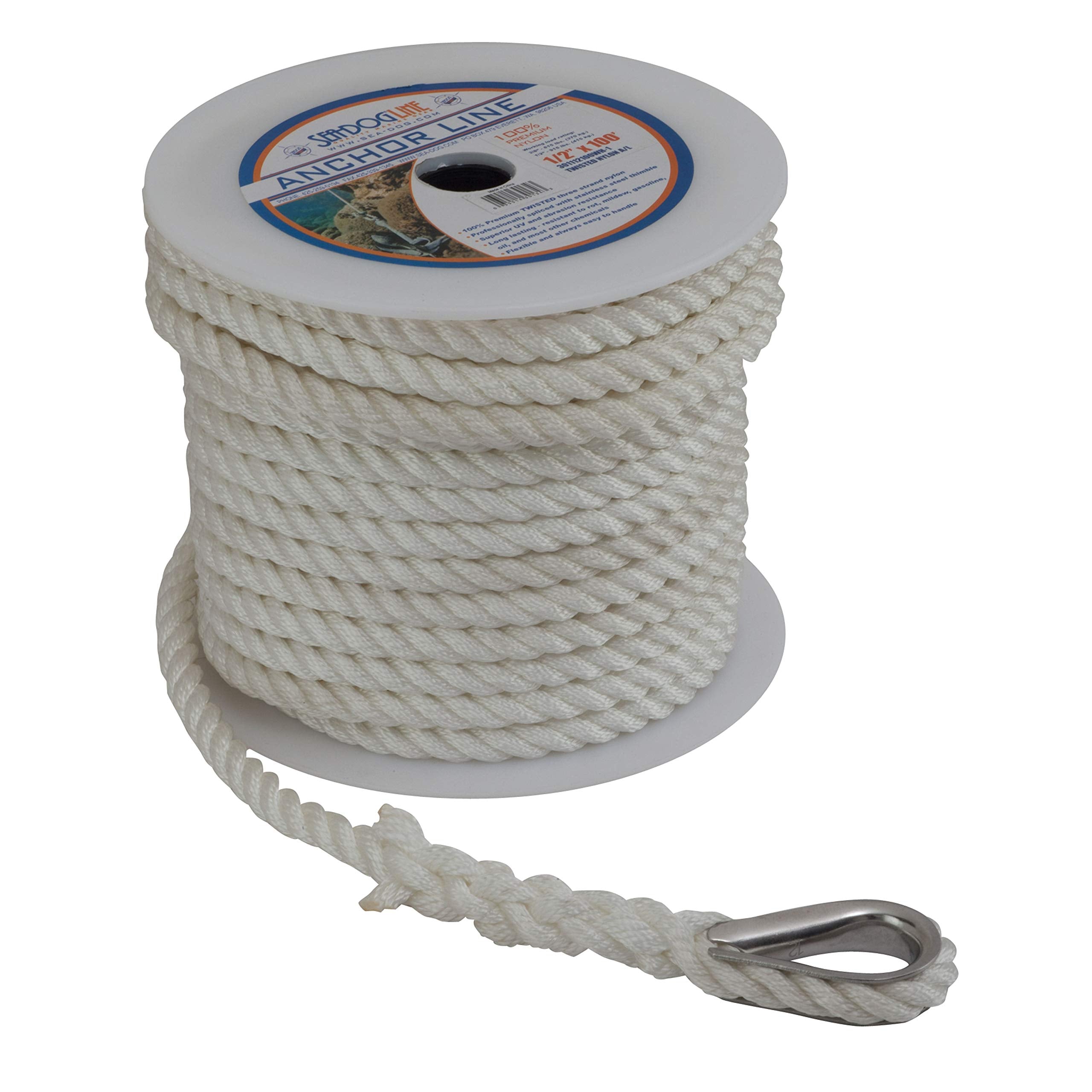 Twisted Nylon Anchor Line Sea Dog 301110060WH-1 with Thimble, 3/8" x 60'