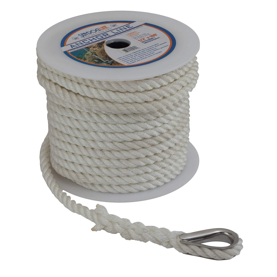 Twisted Nylon Anchor Line Sea Dog 301110060WH-1 with Thimble, 3/8" x 60'
