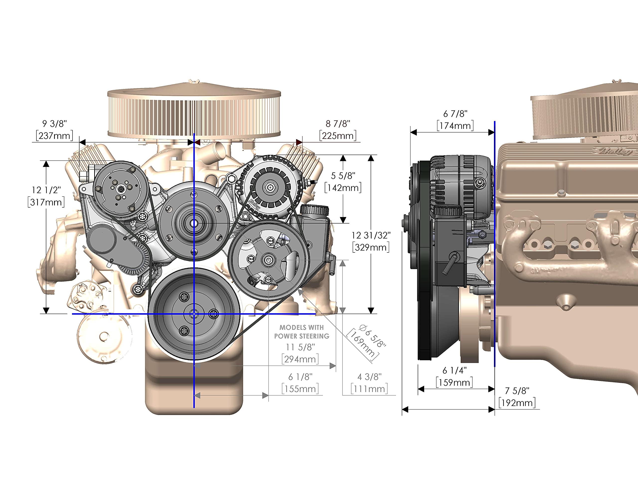 Holley Complete SBC Front Accessory Serpentine Drive Conversion System | Mid-Mount with Water Pump, Alternator, A/C & Power Steering | Fits Small Block Chevy Black Finish 20-240BK