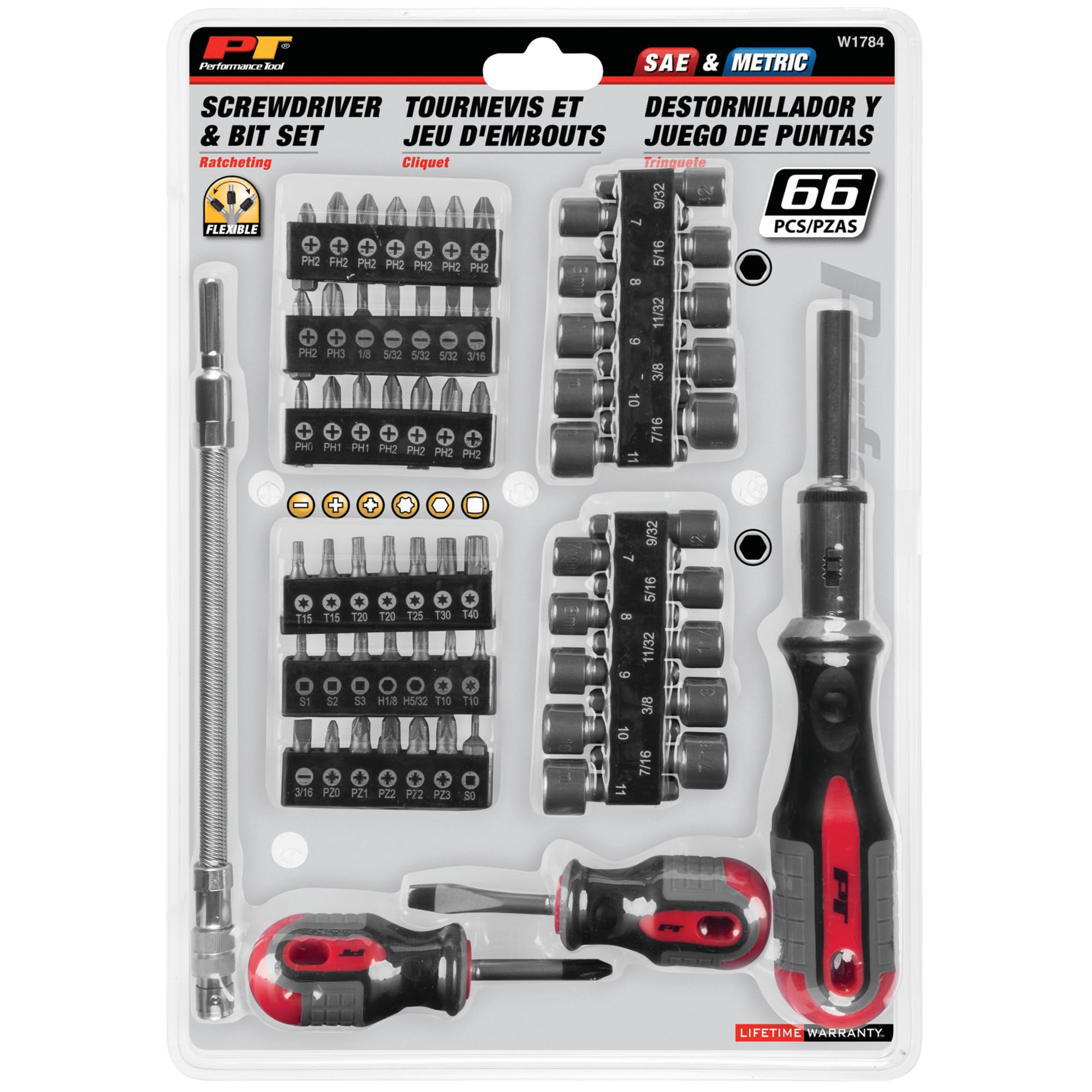 W1784 Performance Tool 66-Piece Screwdriver and Bit Set, Full Set, Holders and Organizers Included, Reversible Driver, Flex Extension, Phillips, Slotted, Pozi, Square, Hex, Star, SAE/MET Nut Drivers
