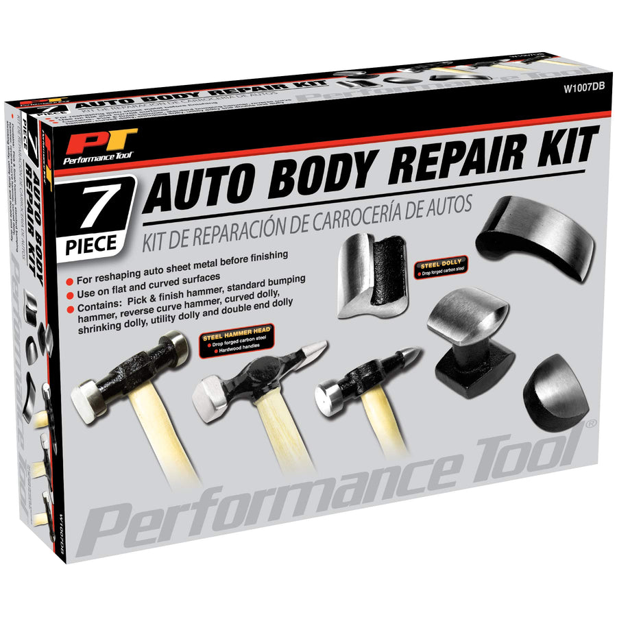 W1007DB Performance Tool 7-Piece Auto Body Repair Kit with Carbon Steel Hammer Heads and Dollies on Wood Handles