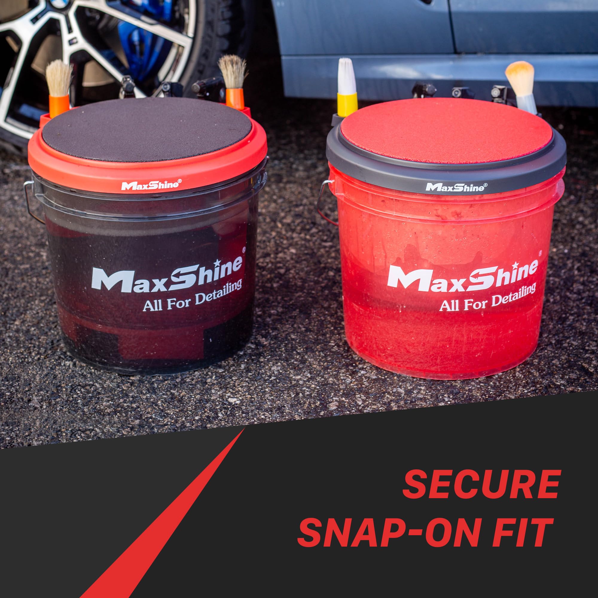 12" Maxshine Universal Foam Bucket Lid Seat – Black with Red Padded Snap-On Cover for 12" Buckets – Converts to Seat, Kneeling Pad & Organizer – Detailing Accessory