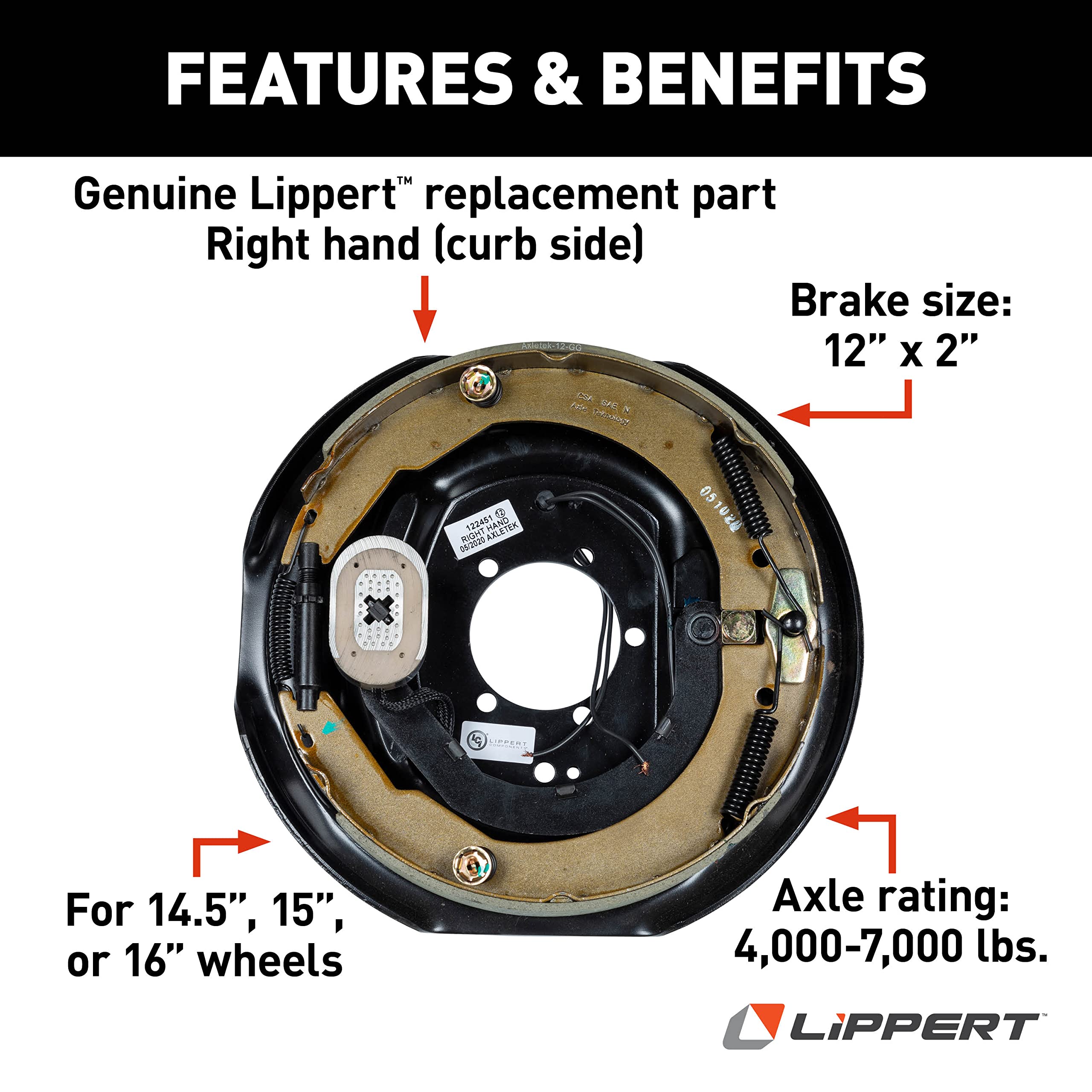 Electric Brake Assembly Replacement for RVs, Right Side, 12" x 2"; 4,000-7,000 lbs.