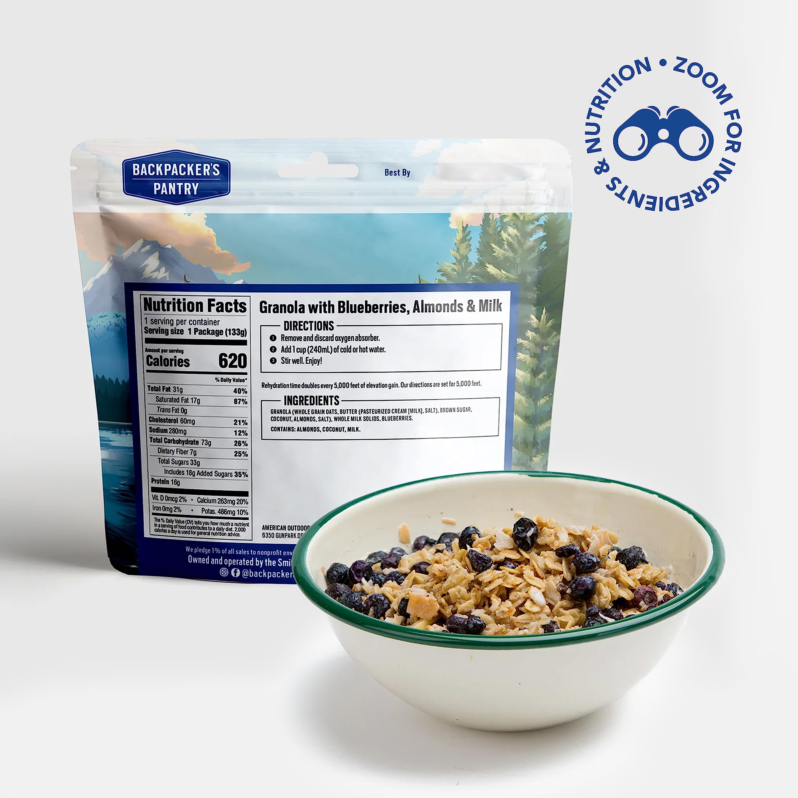 Backpacker's Pantry Granola with Almonds Blueberries & Milk - Freeze Dried Backpacking & Camping Food - Emergency Food - 16 Grams of Protein, Vegetarian - 1 Count