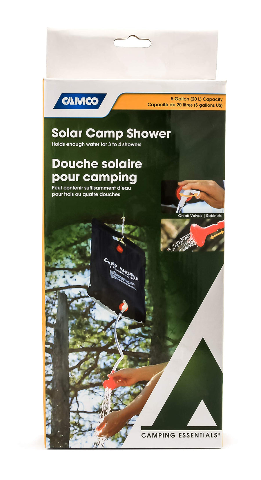 Camco Natural Outdoor Solar Shower with On-Off Valve for Campsites - Holds 5 Gallons of Water, Sufficient for 3-4 Showers, Excellent for Camping, Hiking, RVing, and Traveling (51368), White