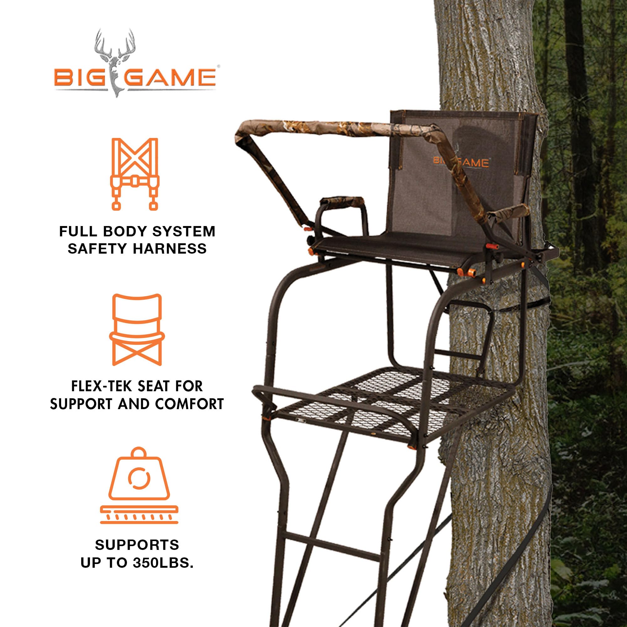 1-Person BIG GAME Ladder Tree Stand for Hunting Deer with Seat, Hunter, 18' Tall, Black - Adjustable Climbing Treestand with Platform and Safety Harness for Shooting