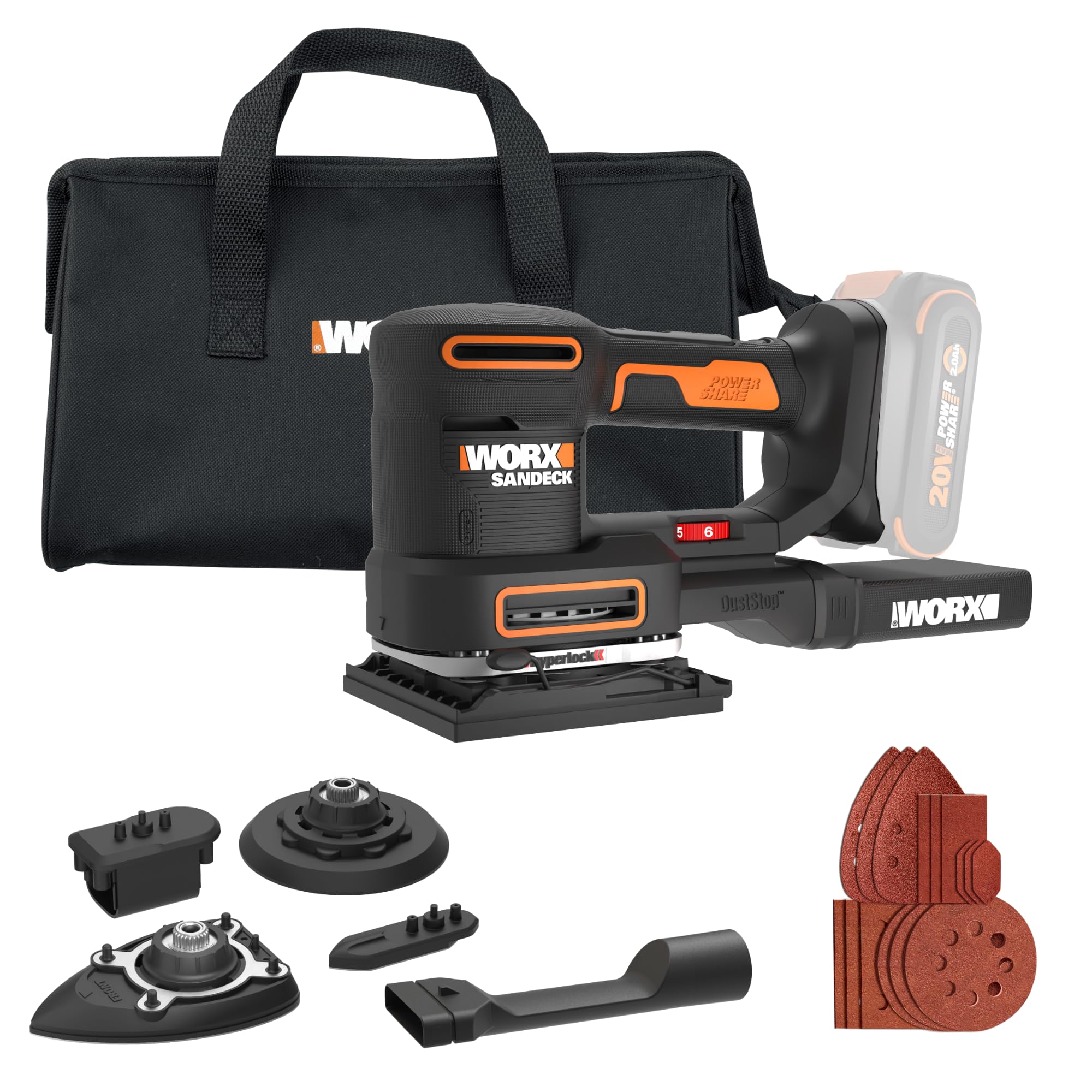 Cordless WORX Sander, 20V 10,000 orbits/minute Electric Sander, 5-in-1 Functions, Tool-less Sanding Pad Change, Tool Only, PowerShare