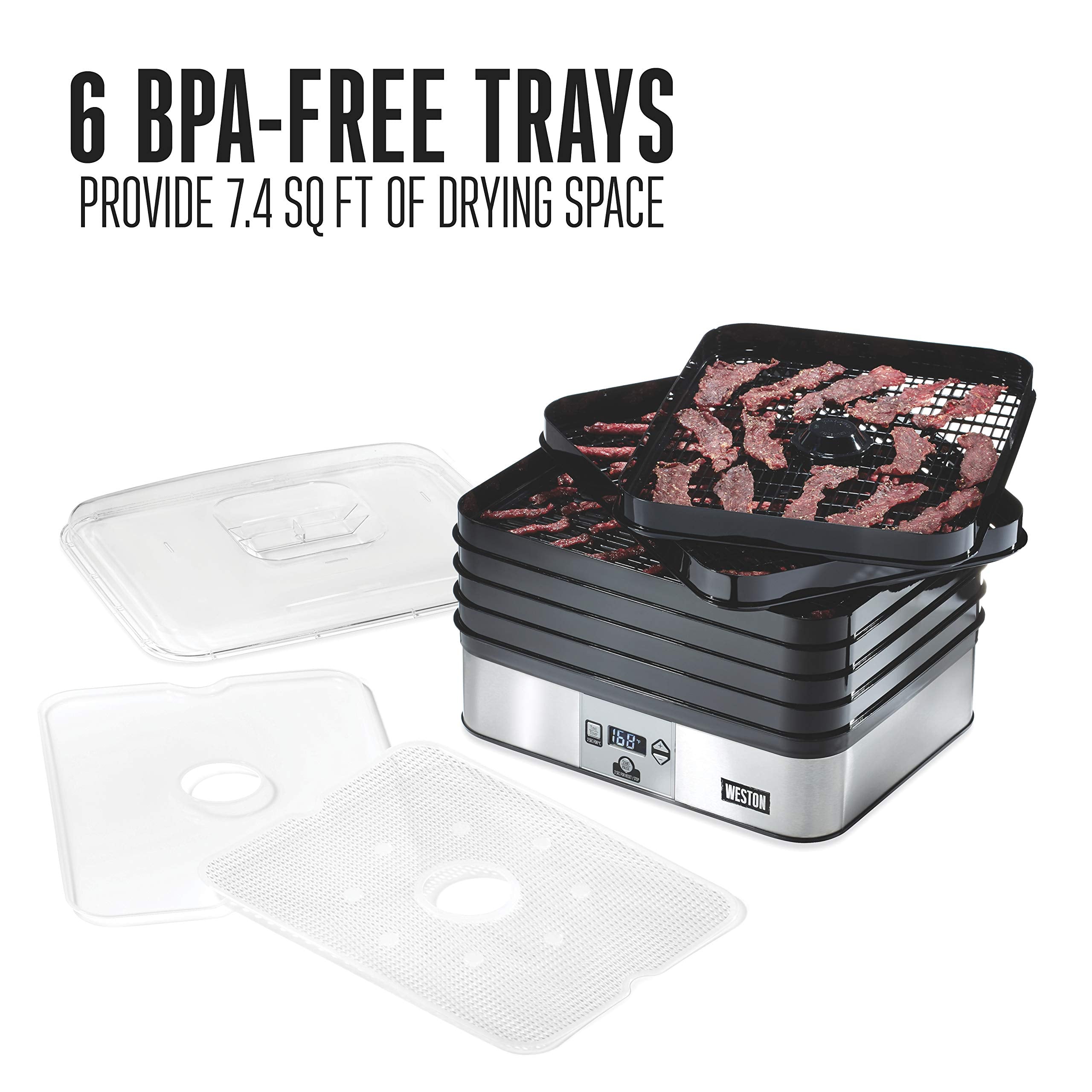 Weston Dehydrator Food Machine for Jerky, Fruit, Meat, Herbs, Vegetables, with Digital Temperature Control (100-160F), 6 Stackable Trays (7.4 sq. ft.), White (75-0450-W)