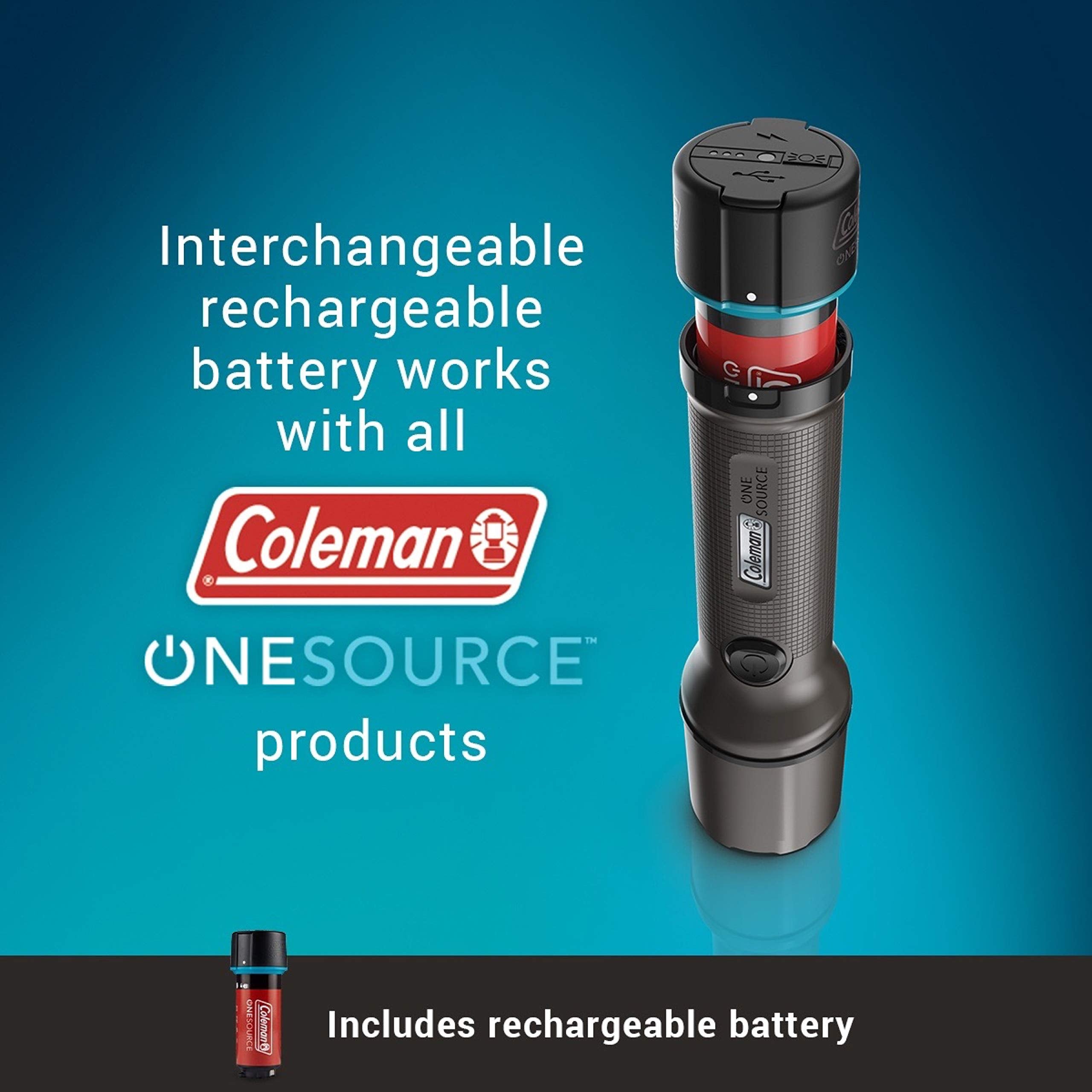 OneSource Coleman Rechargeable LED Flashlight, Water-Resistant Flashlight with OneSource Batteries Shines Up to 1000 Lumens, Rechargeable Heavy-Duty Flashlight for Camping, Emergencies, & Home Usage
