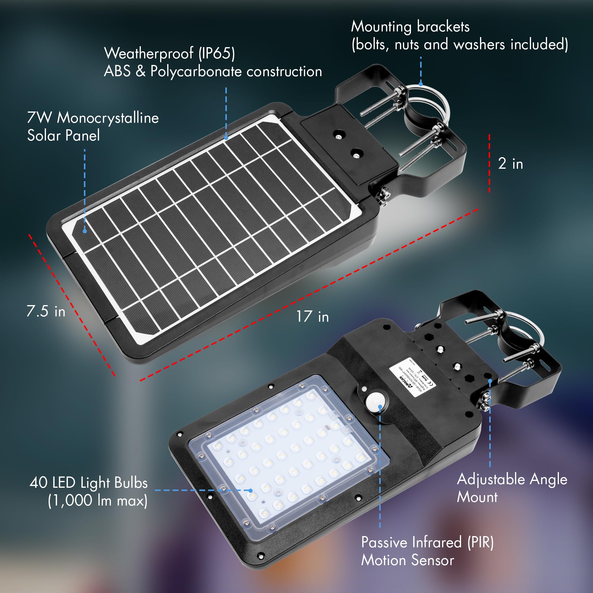 Wagan 1000 Lumen EL8588 LED Integrated Solar Street Lamp Security Flood Light Motion Sensor Waterproof Weatherproof Dusk to Dawn Solar LED Light Lamp for Outdoor Garden Yard Path Parking Lot