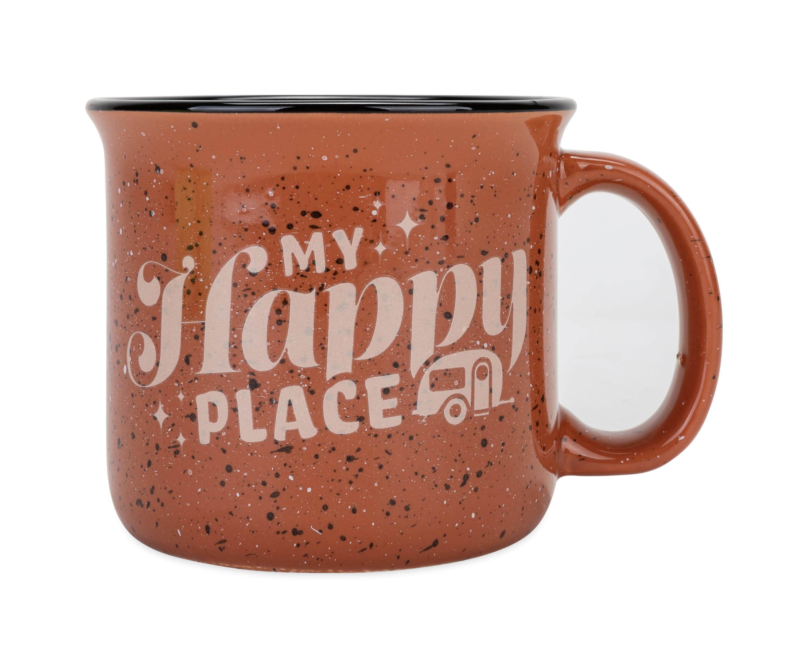 Camco Ceramic Coffee Mug - Life is Better at The Campsite - Microwave and Dishwasher Safe - Features Red Background with Retro RV My Happy Place Design - Coffee Cup Holds 14oz. (53472)