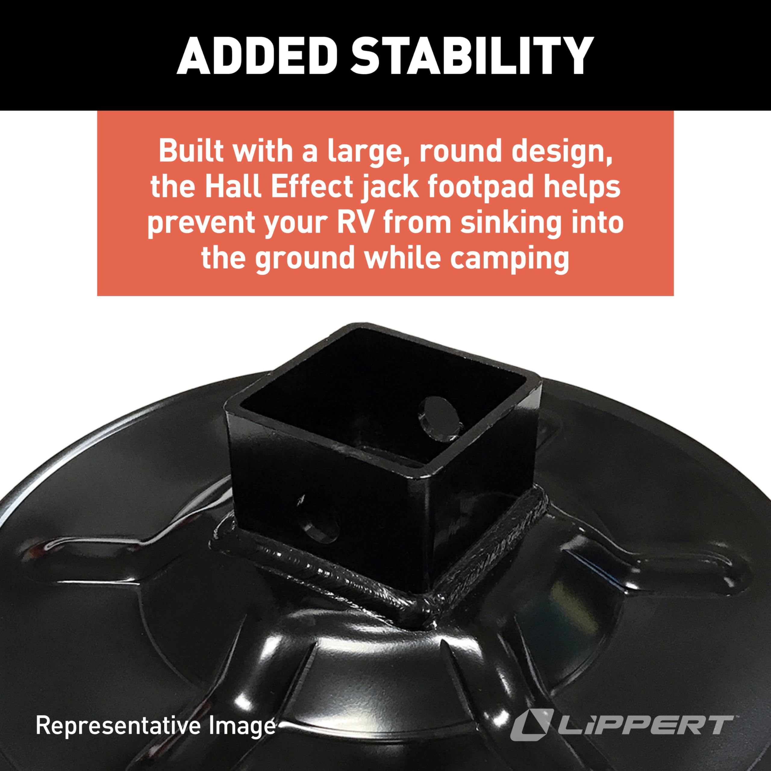 Hall Effect Lippert Ground Control 3.0 Rear Jack Footpad, 9" Diameter, Fits 2" I.D. Tube, Strong Black Powder-Coated Steel Construction, Easy Installation - 362486
