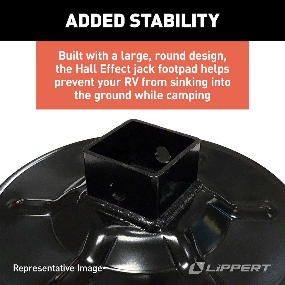 Hall Effect Lippert Ground Control 3.0 Rear Jack Footpad, 9" Diameter, Fits 2" I.D. Tube, Strong Black Powder-Coated Steel Construction, Easy Installation - 362486