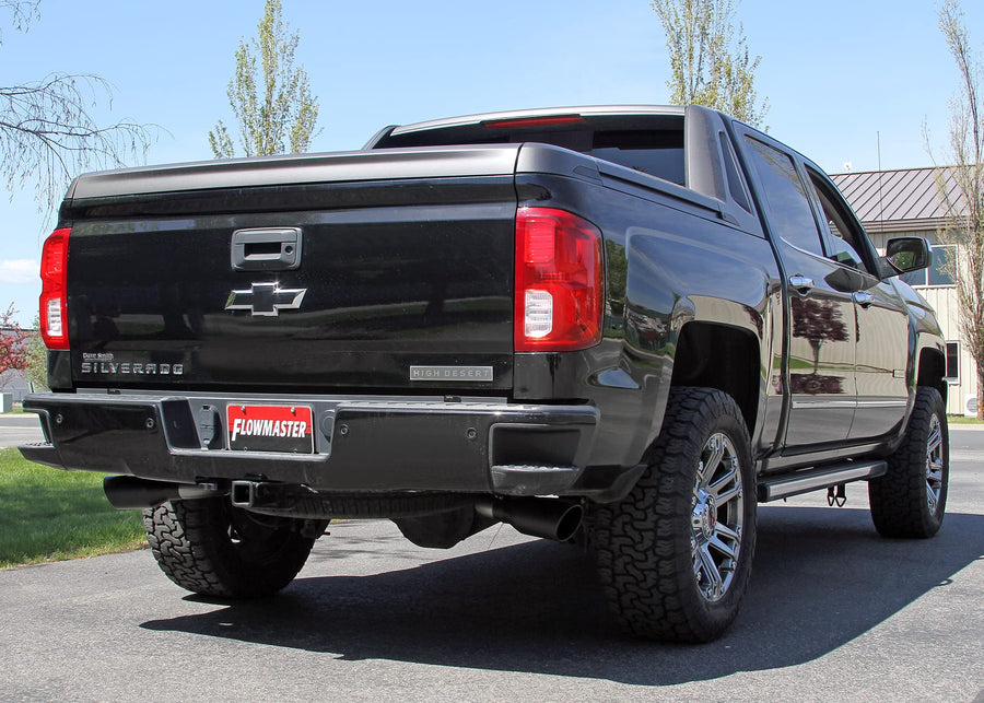 Flowmaster 717988 Cat-Back FlowFX Exhaust Kit 3.5 to 2.5 Inch Dual Side Exit Stainless 4 Inch Black Tips Compatible with 2011-2018 Chevy Silverado GMC Sierra 1500 6.2L 2/4WD all Wheelbases