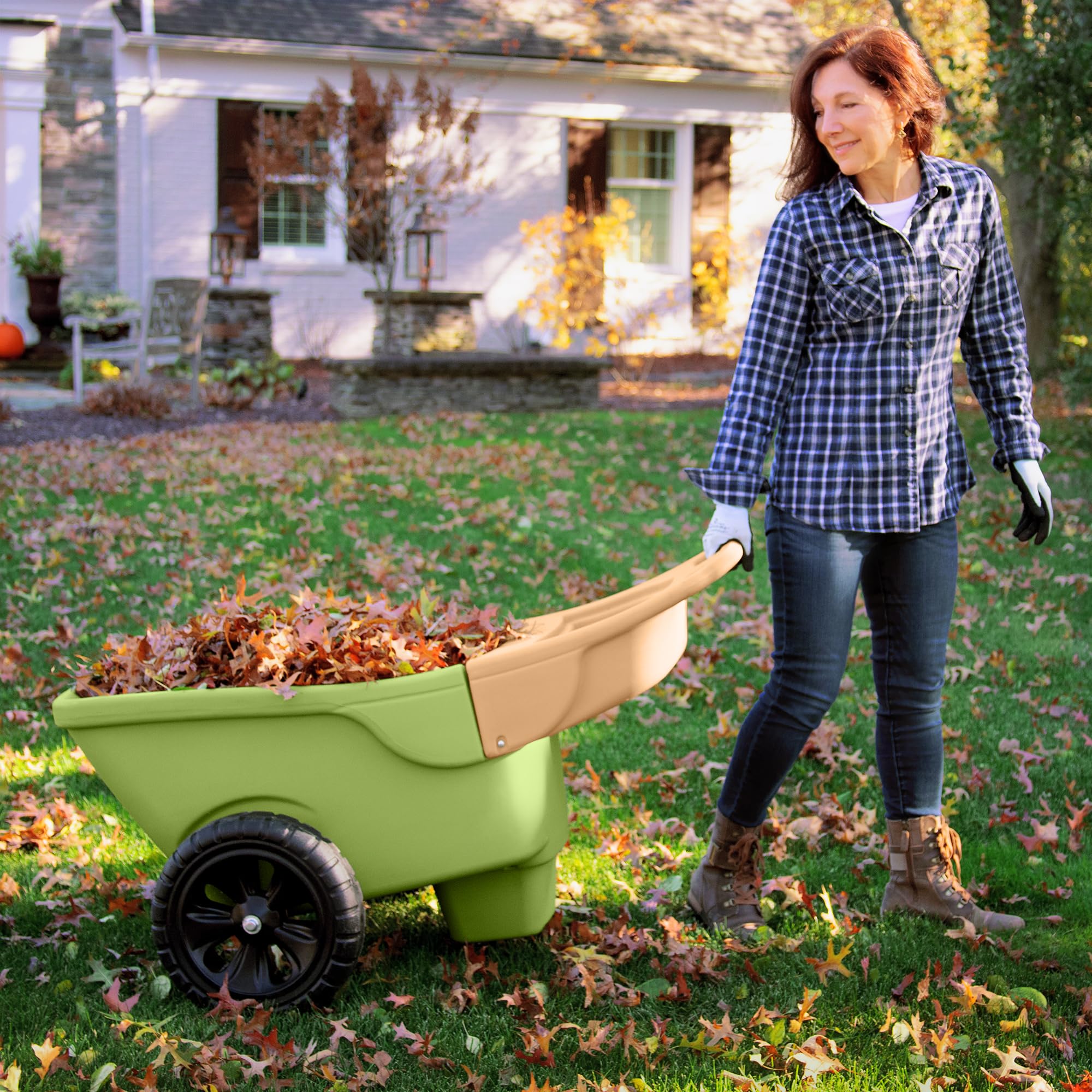 Simplay3 Wheelbarrow Easy Haul with Garden Tool Storage Tray, Durable Heavy-Duty Plastic with Large Easy Turn Wheels - Green, Made in USA