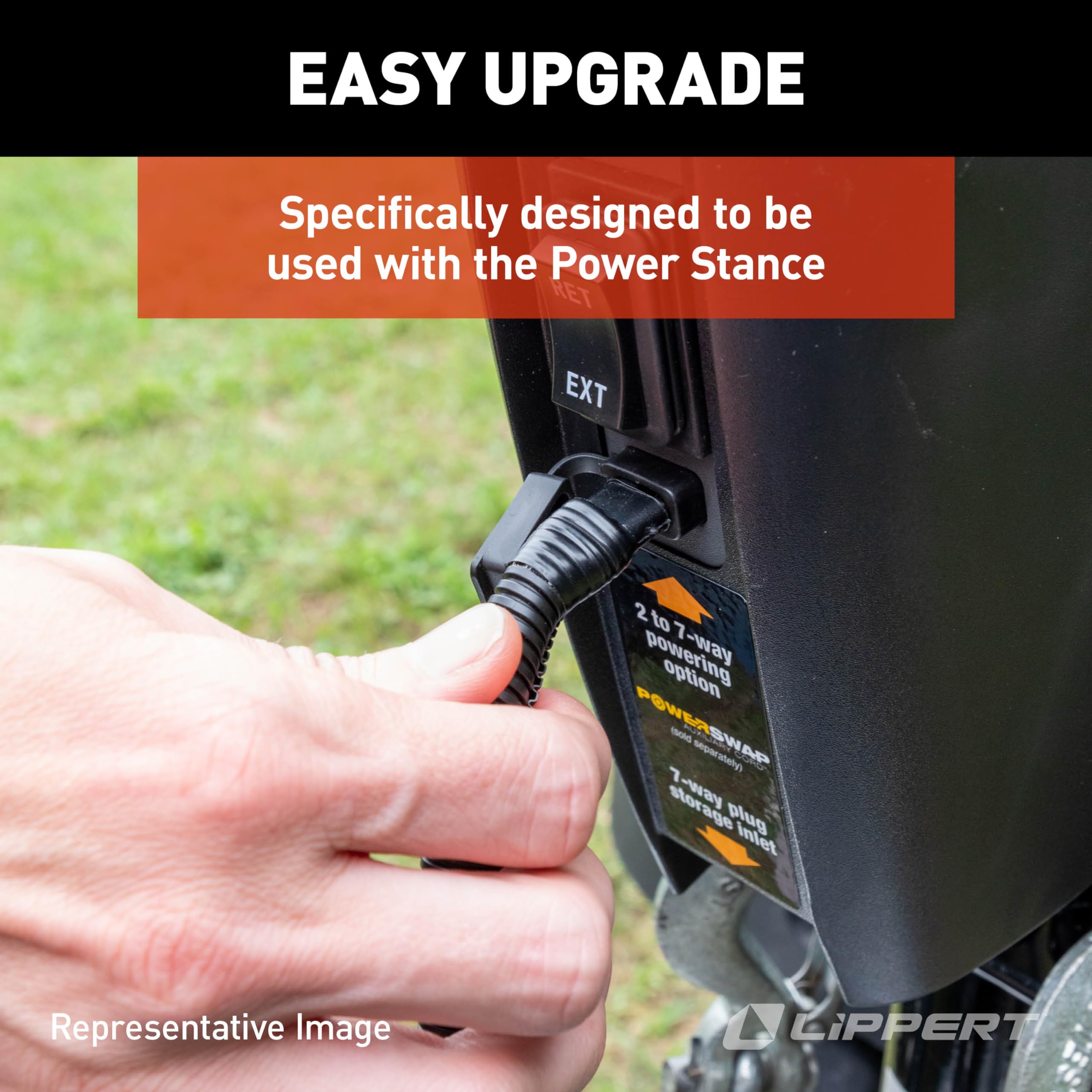 Power Swap Auxiliary Cord for Lippert Power Stance Tongue Jack, 6' long Cable, 2-Way to 7-Way Plug, Won’t Drain Your RV Battery, LED Lights for Nighttime Visibility, Emergency Manual Crank – 813749