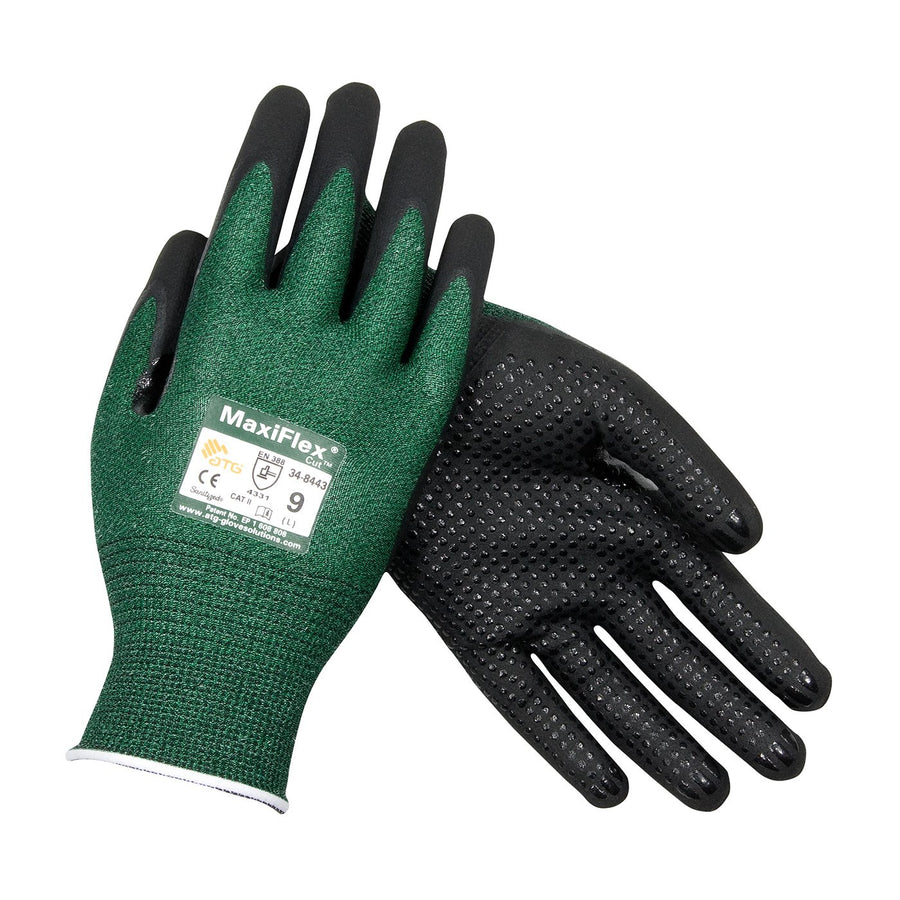 Maxiflex Cut ATG 34-8443/XL, Green Eng Yarn, Black Nitrile Dotted Microfoam Grip, A2 Green