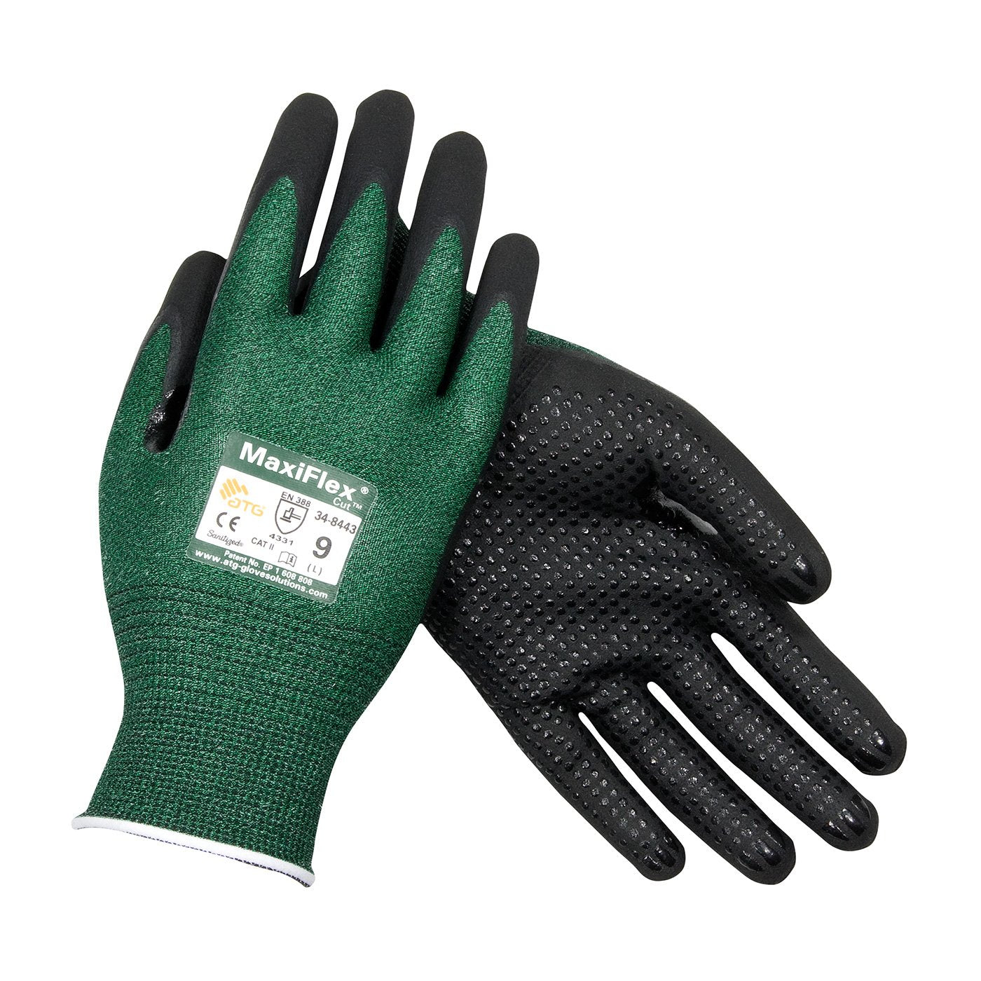 Maxiflex Cut ATG 34-8443/XXL, Green Eng Yarn, Black Nitrile Dotted Microfoam Grip, A2 Green