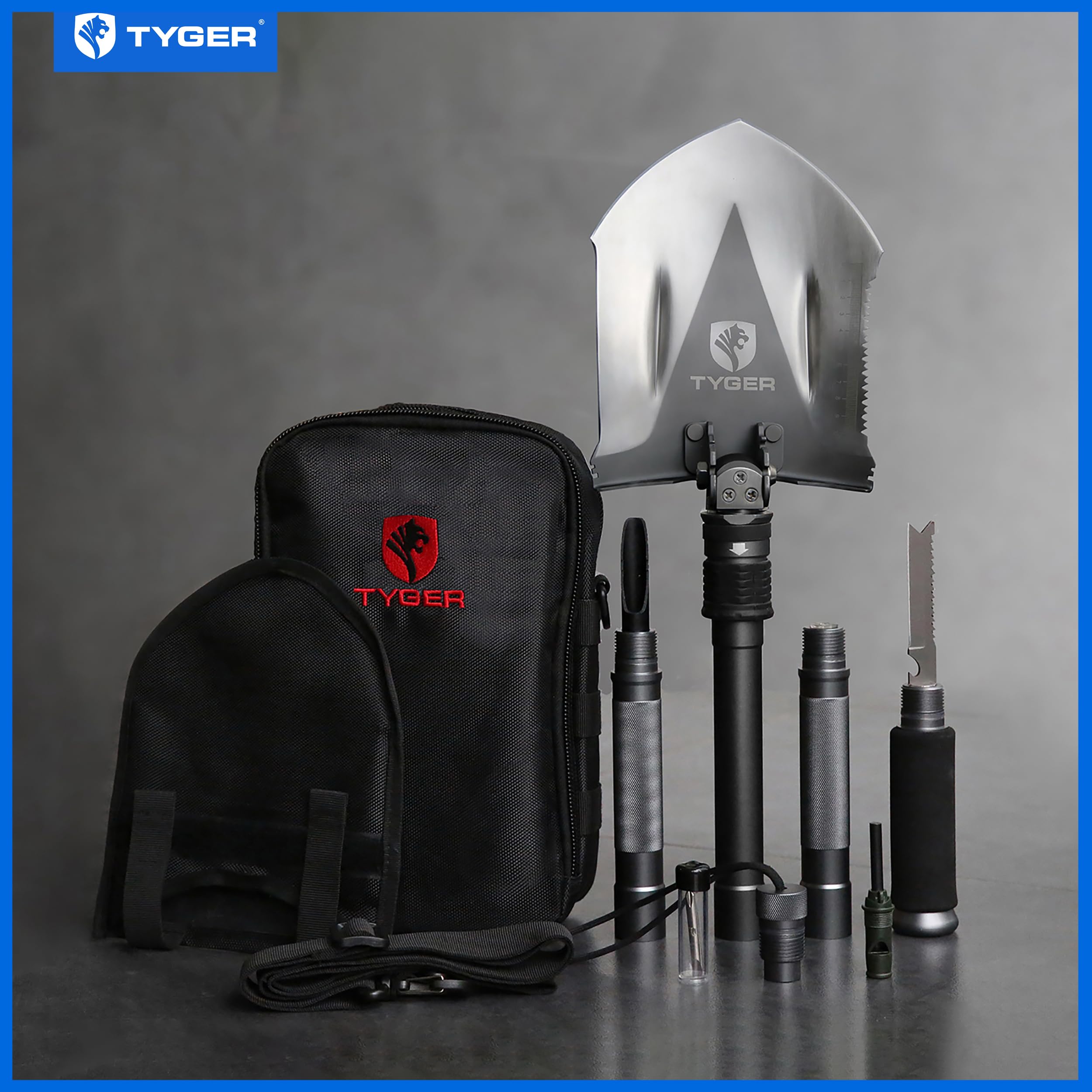Tyger Auto Folding Shovel Military Heavy Duty TG-SV8U3217 Survival Shovel 16-in-1 Multitool Compact Camp Shovel with Bag for Camping, Hiking, Off-Roading, Outdoor, Tactical, Emergency