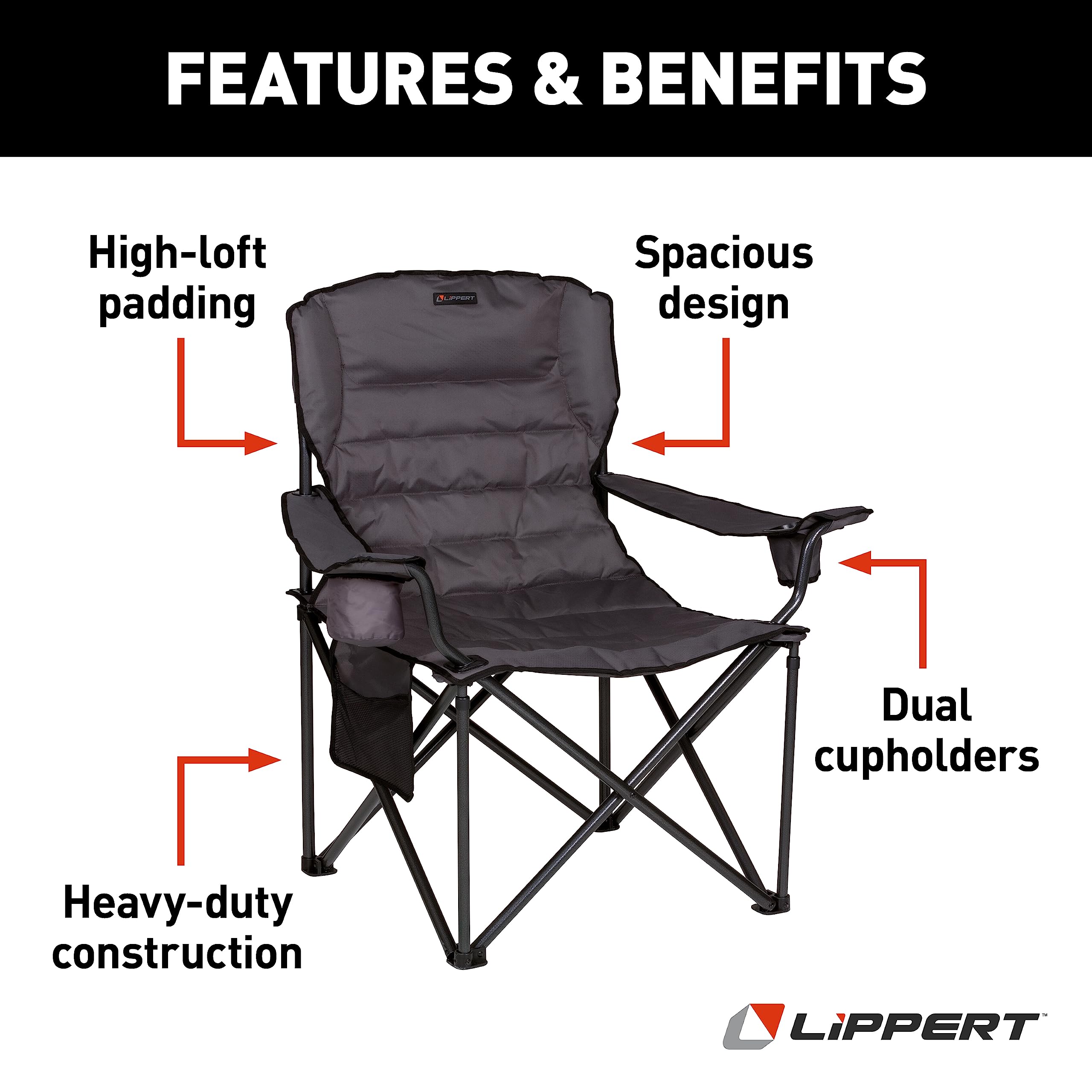 Lippert Deluxe Campfire Folding Chair - Sand, High-Loft, Foldable Cushion Chair, Dual Cup Holders, Power Coated Steel Frame, Durable 600D Outdoor Polyester Fabric, 500 lb. Capacity, 2022114828