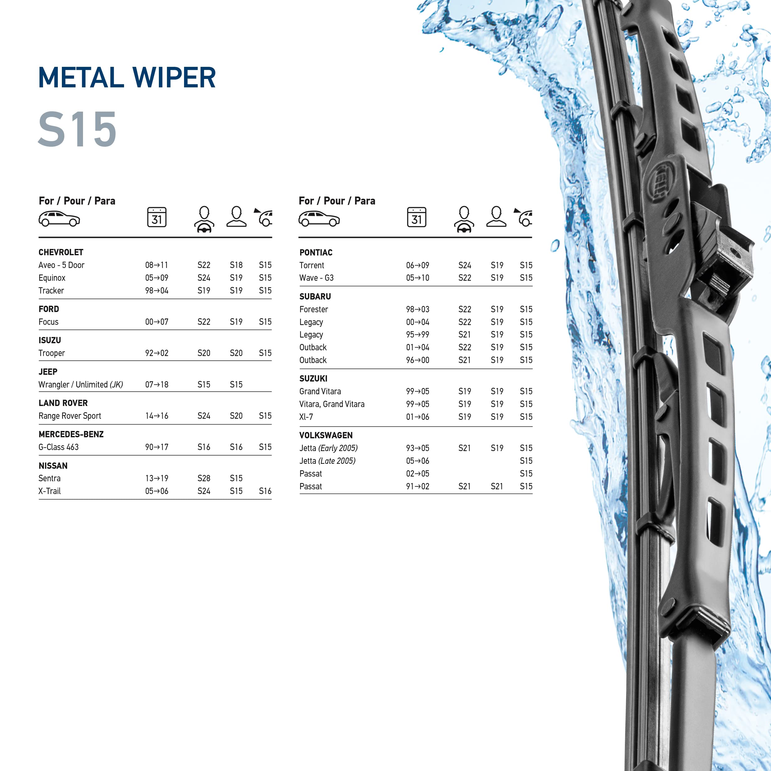 Hella 15 Inch OE Quality All Seasons Streak-Free Rubber Standard Wiper Blade (Single Blade) fits select Chevrolet Ford Jeep Land Rover Mercedes-Benz Nissan Subaru Suzuki Volkswagen / 9XW398114015