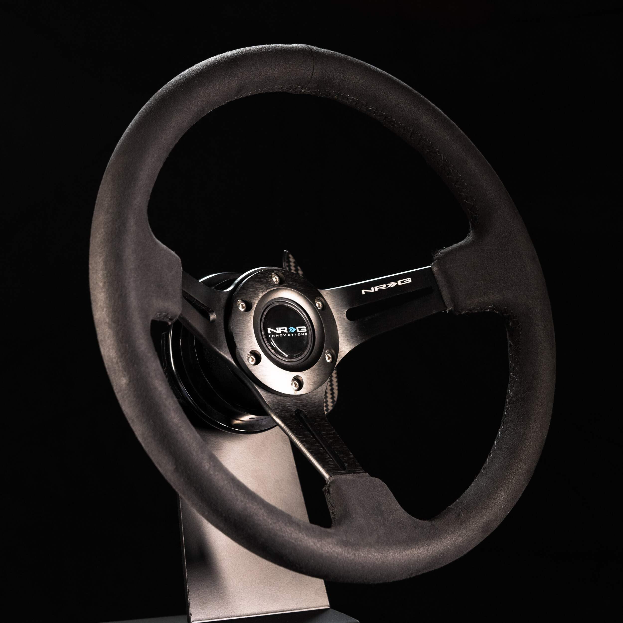 NRG Innovations Reinforced NRG-RST-018SA Steering Wheel 350mm Sport Steering Wheel (3" Deep) Black Leather with Alcantara Stitching, Slit Spoke Design over Circular Cut-Outs