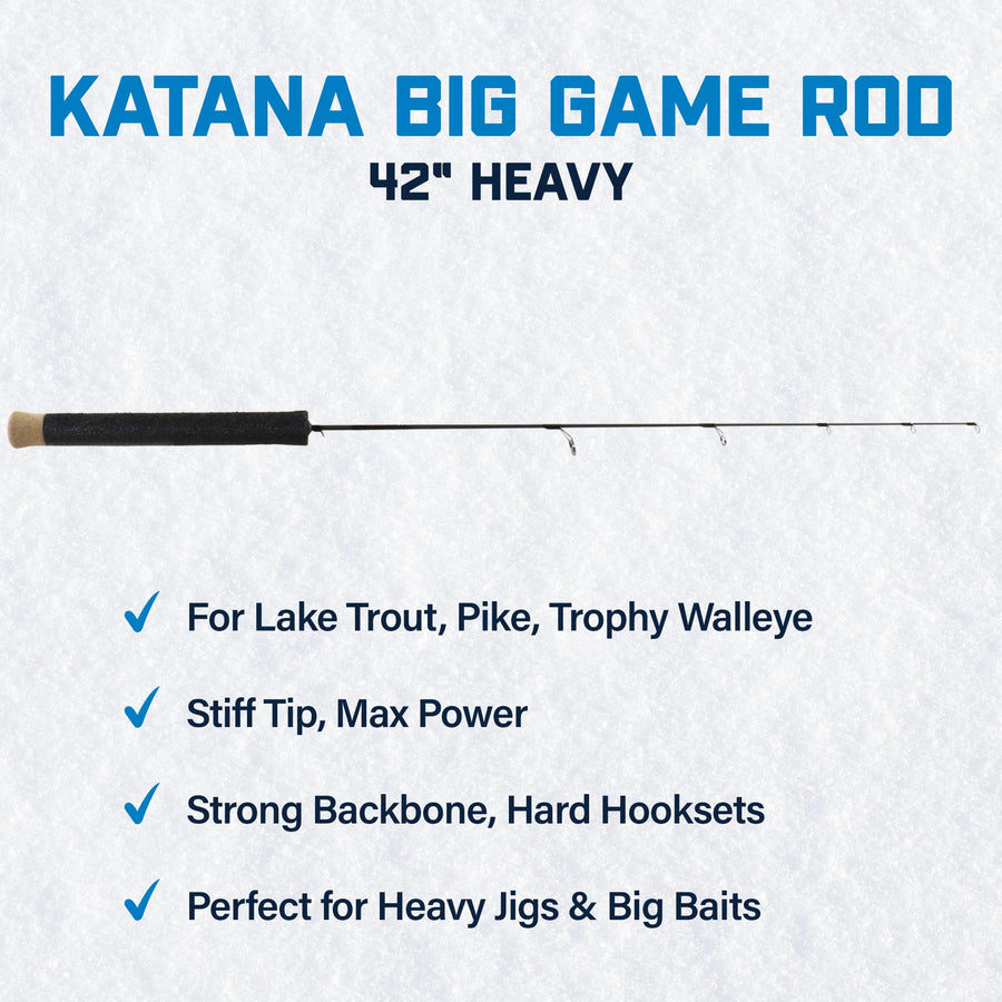 Katana Ice Fishing Rod CLAM – 42" Heavy – 30T Solid Graphite Blank with Tsuka Lightweight Handle, Oversized Fly Guides & Carbon Construction – Heavy Power Rod for Pike, Lake Trout & Trophy Fish