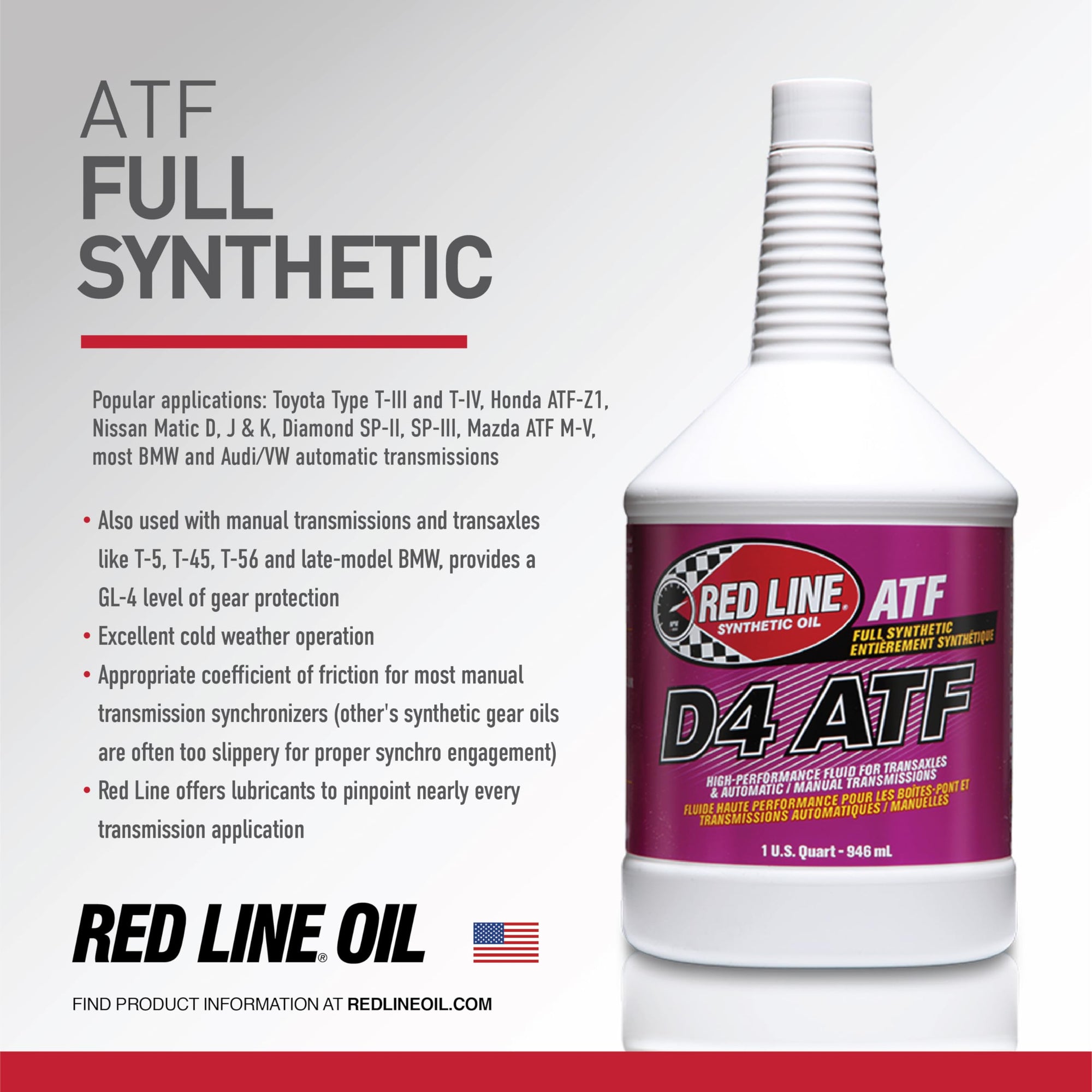 30504 Red Line D4 Synthetic Automatic Transmission Fluid (ATF) - 1 Quart