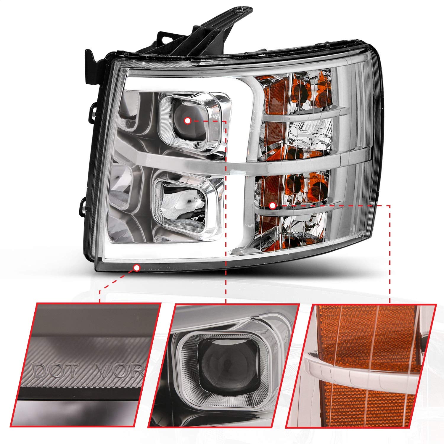 ANZO (111411) USA 07-13 Chevrolet Silverado 1500/2500/3500 Proj Headlights w/Plank Style Switchback Chrome w/Amb