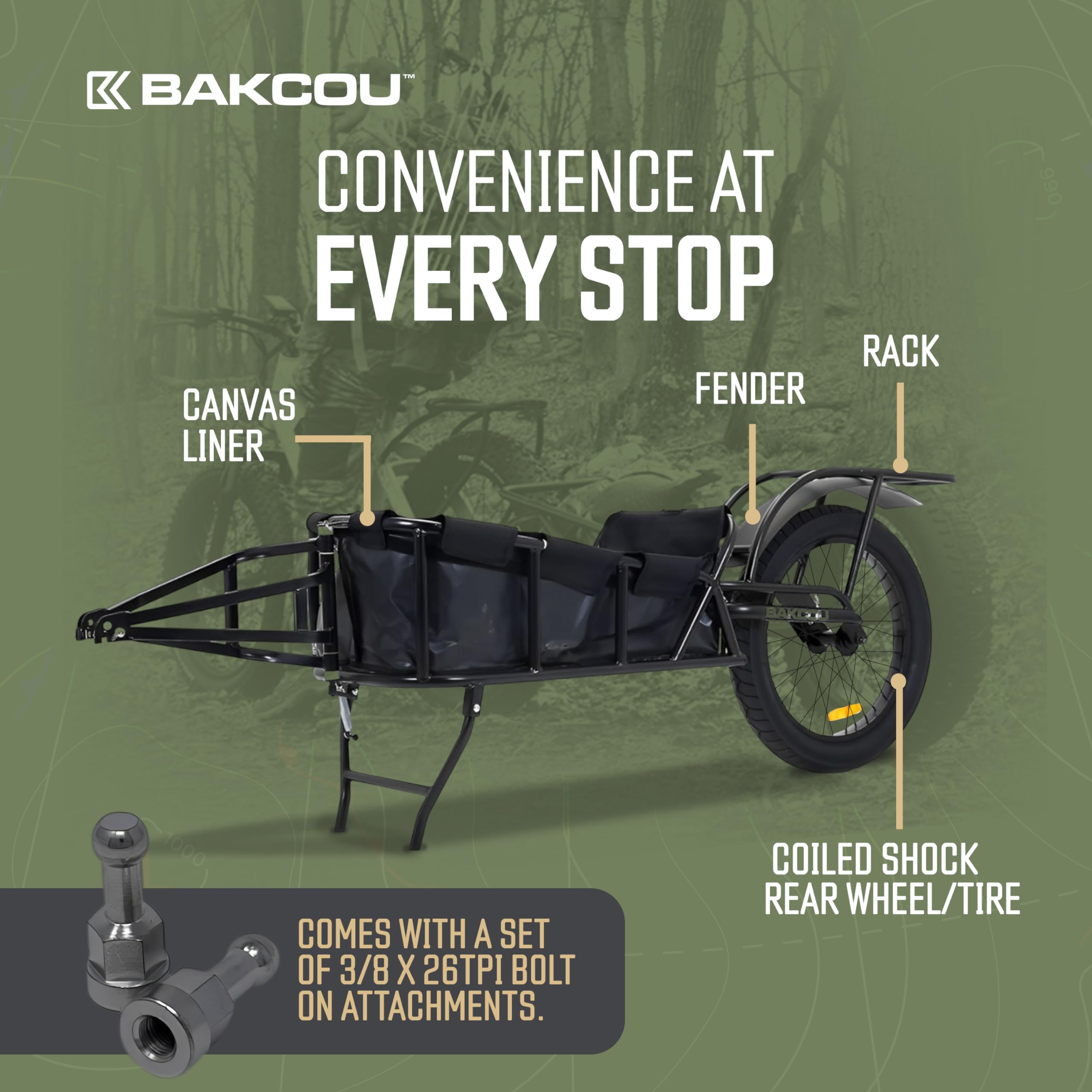 Bakcou - Cargo eBike Trailer Hunting - Single Wheel, Mule-Storm Compatible, 50-90lbs Capacity, 20" Fat Tire, All-Terrain, Canvas Liner, Fender