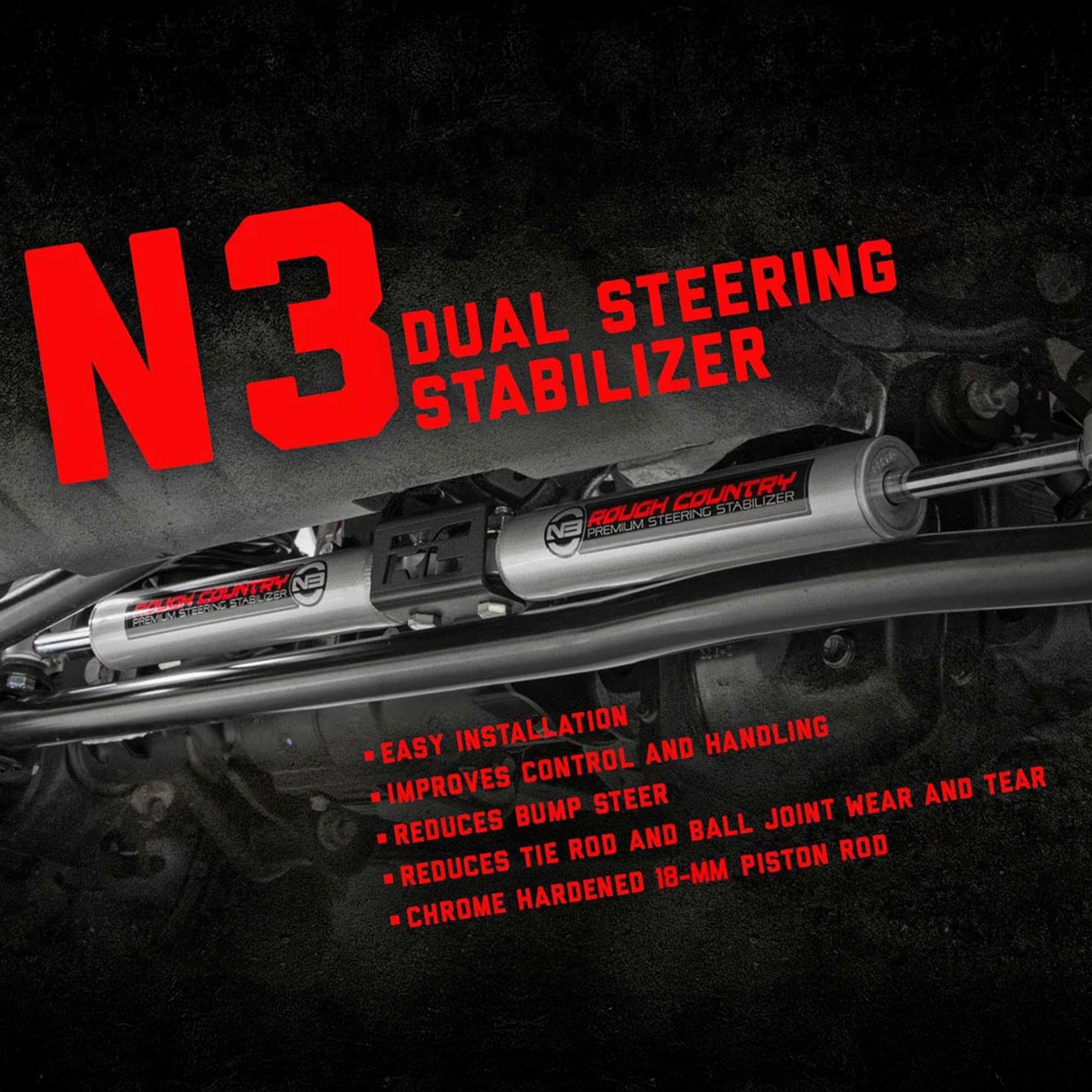 Rough Country Dual N3 Steering Stabilizer for 07-18 Jeep Wrangler JK - 8734930