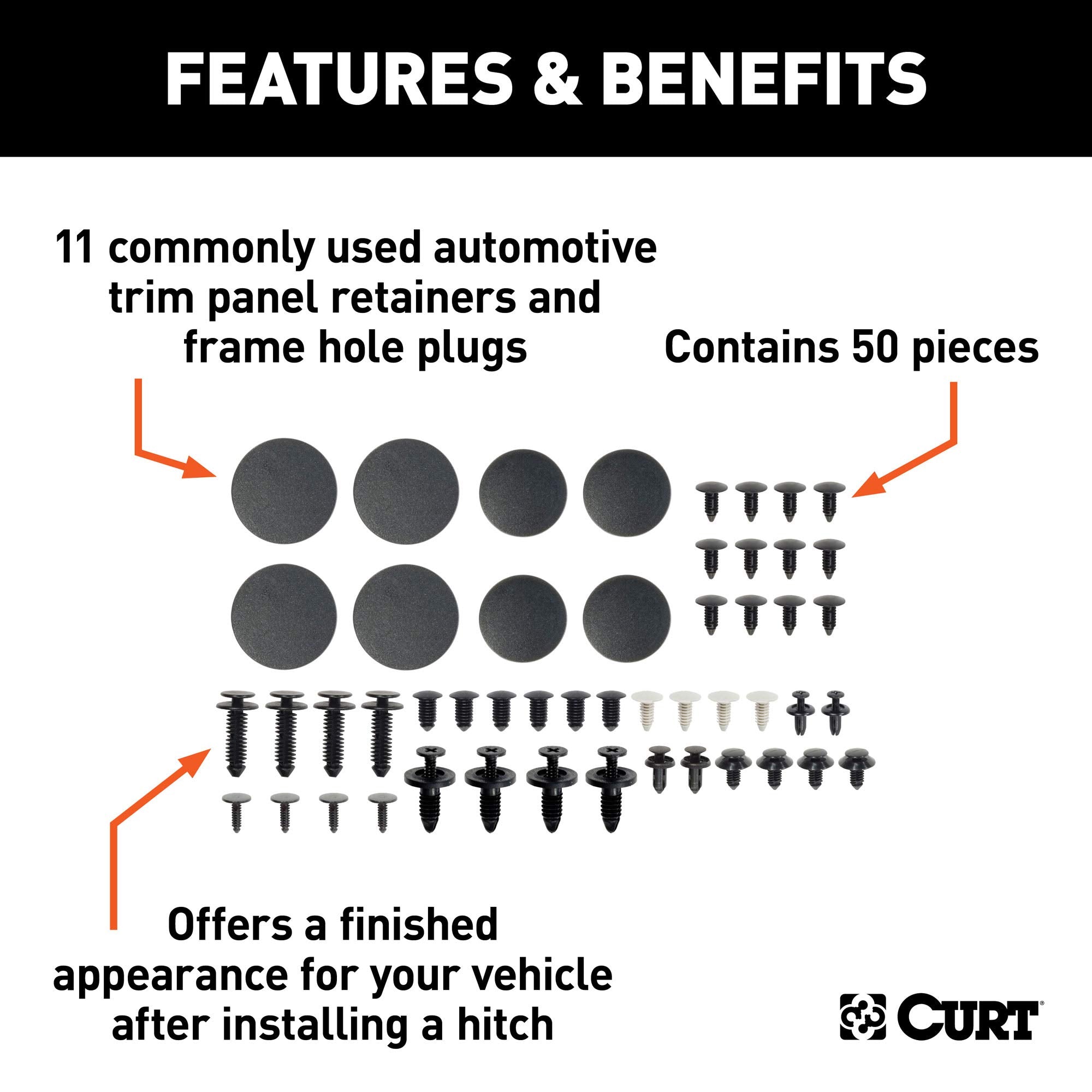 CURT Assorted 22322 Automotive Trim Panel Retainers & Frame Hole Plugs, 50 Pieces