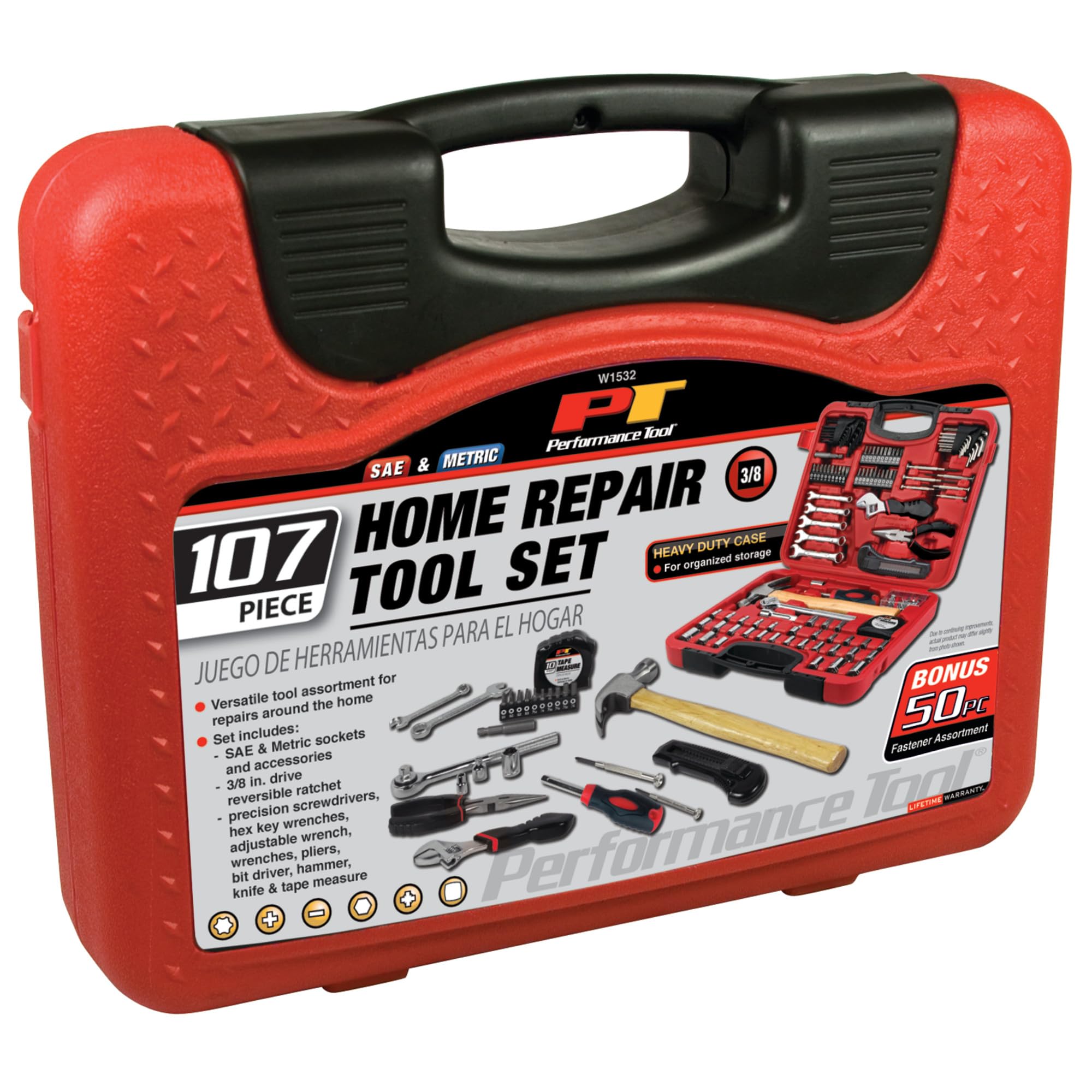 W1532 Performance Tool 107pc Home & Auto Tool Set, Hand Tools - Tool Sets, Red