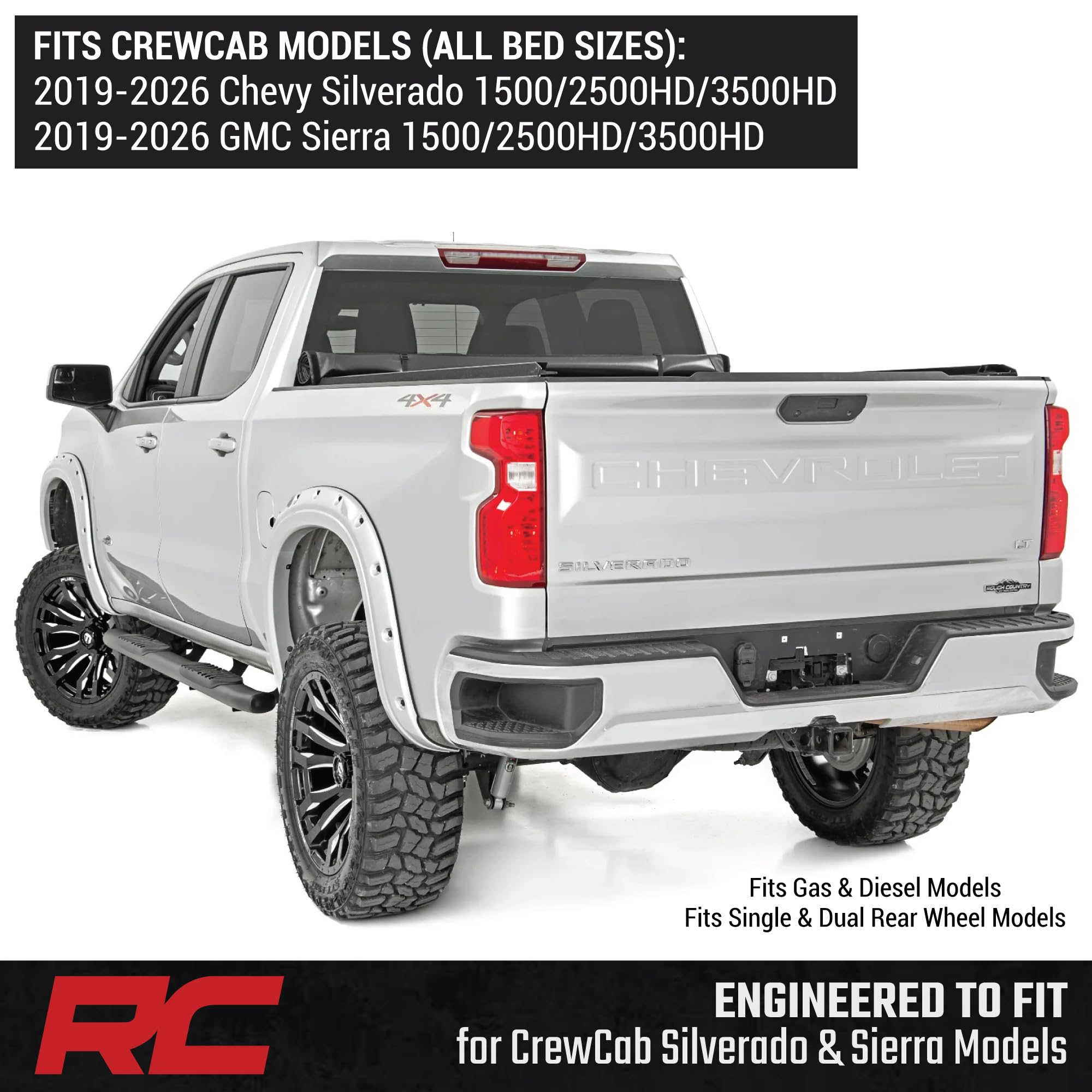 Rough Country Nerf Steps Oval for Chevy Silverado & GMC Sierra 1500/2500HD/3500HD Crew Cab (2019-2026) - OEM Style Rails with Built-in Side Steps