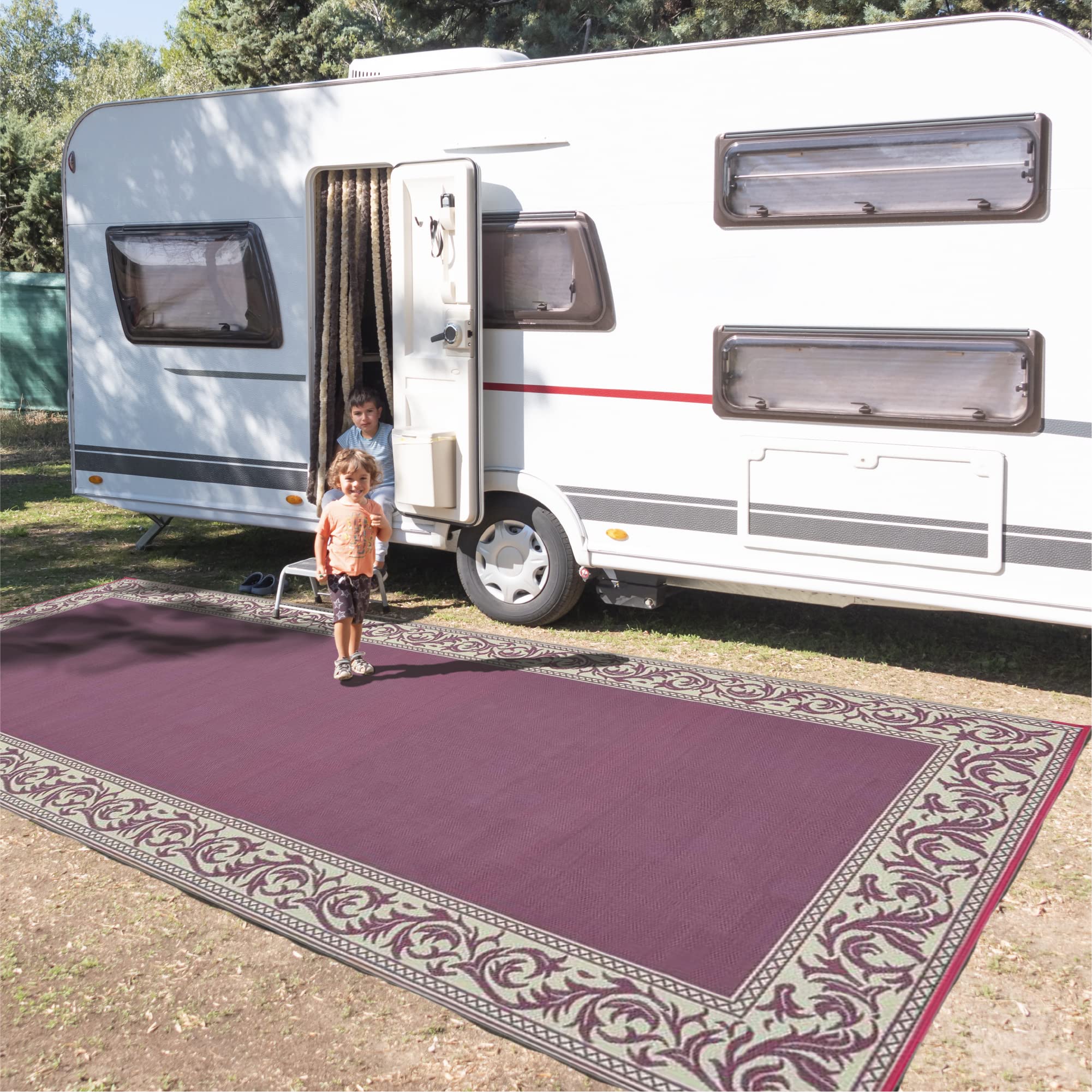 Ming's Mark RC5 Stylish Camping Reversible Classical Patio Mat - 8' x 20', Burgundy/Beige Stylish Camping