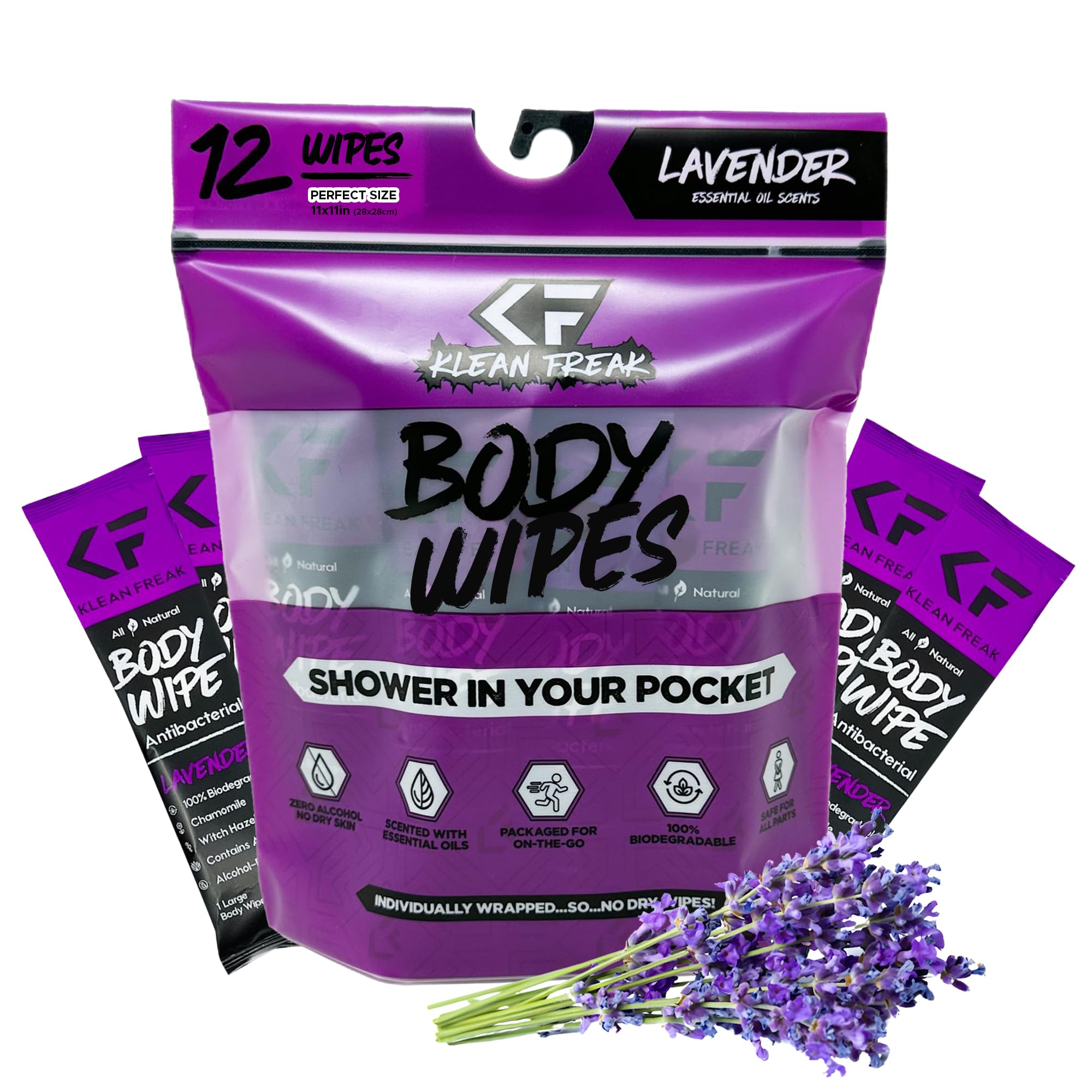 The Klean Freak Body Wipes - 12 count Wrapped Individually | Showerless Body Wipe for Women & Men | Sustainable Bodywipes for Gym, Travel, Camping | Lavender