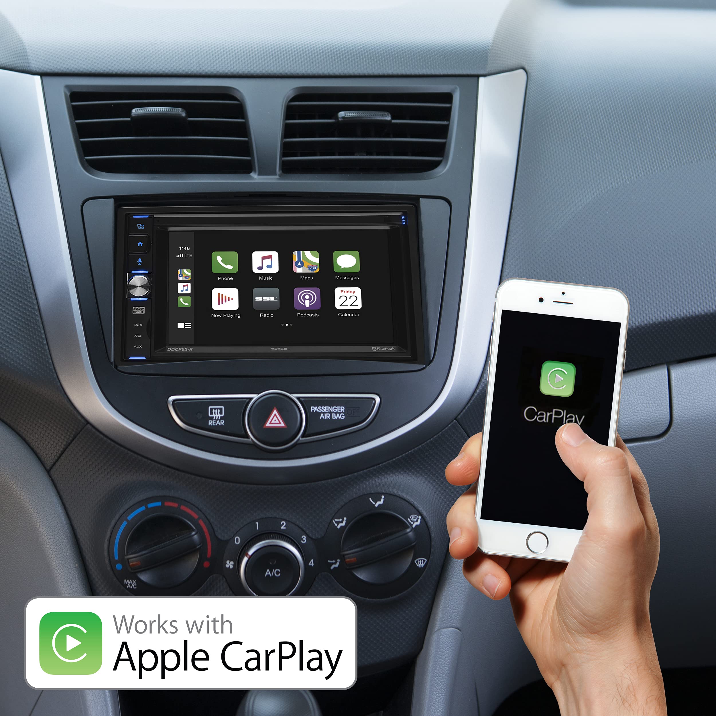 Apple CarPlay Sound Storm Laboratories DDCP62-R Car Multimedia Player - Double-Din, 6.2 Inch Capacitive Touchscreen, Bluetooth, USB, SD, Aux AV in, No CD DVD, AM/FM, Backup Camera Included
