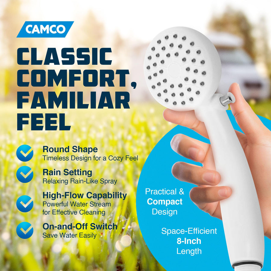 RV Outdoor Shower Head Camco | High Flow Shower Head | Conserve Water with Convenient On/Off Switch | White (44023)