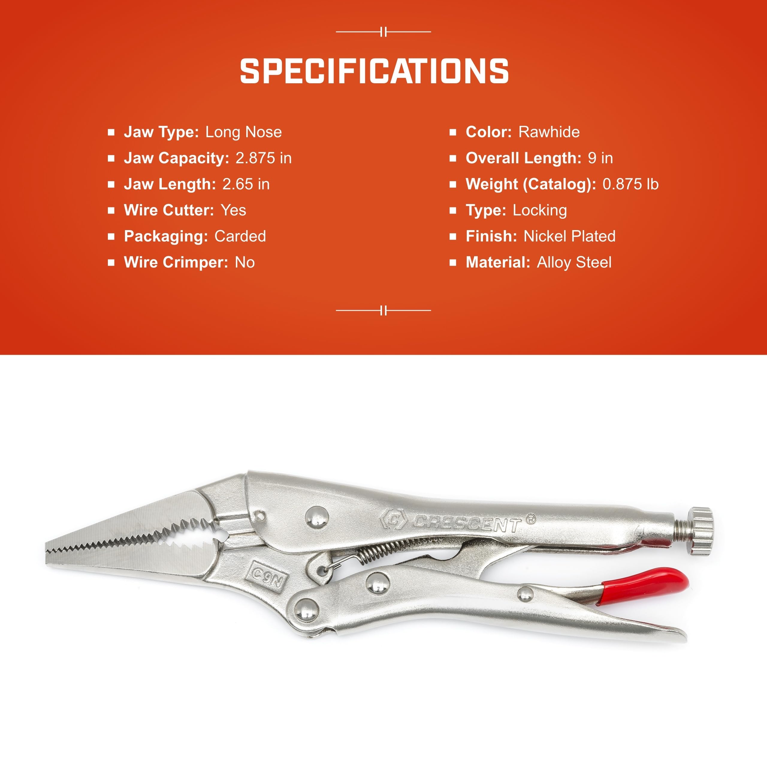 Crescent Locking Pliers Long-Nose with Wire Cutter - Premium Cutting Pliers with Angled Tooth Pattern & Compound Action - Nickel-Plated for Corrosion Resistance - C9NVN-08-9", Red