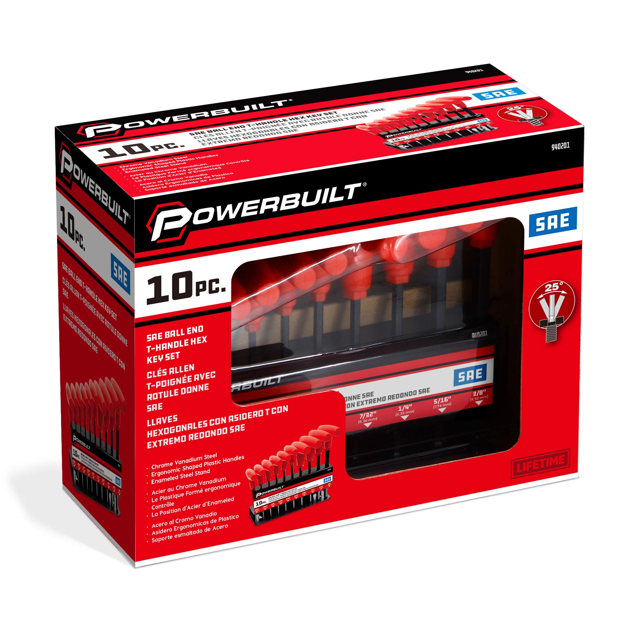 T-Handle Powerbuilt Hex Key Set, 10 Piece SAE Tools for Hex Head Cap Screws or Allen Head Bolts, Storage Rack - 940201